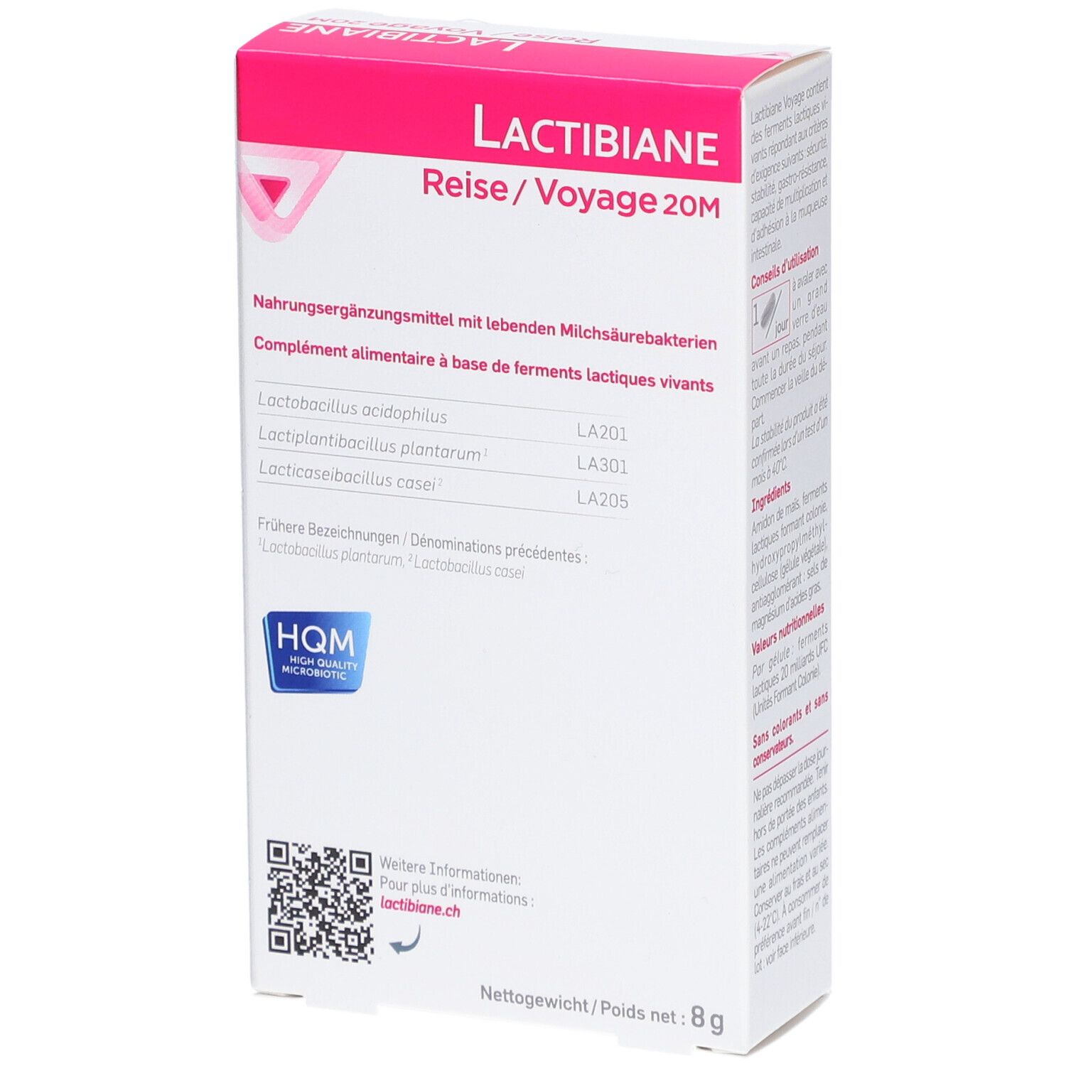 Rückseite der Schachtel. Text: LACTIBIANE Reise/Voyage 20M, Nahrungsergänzungsmittel mit lebenden Milchsäurebakterien.