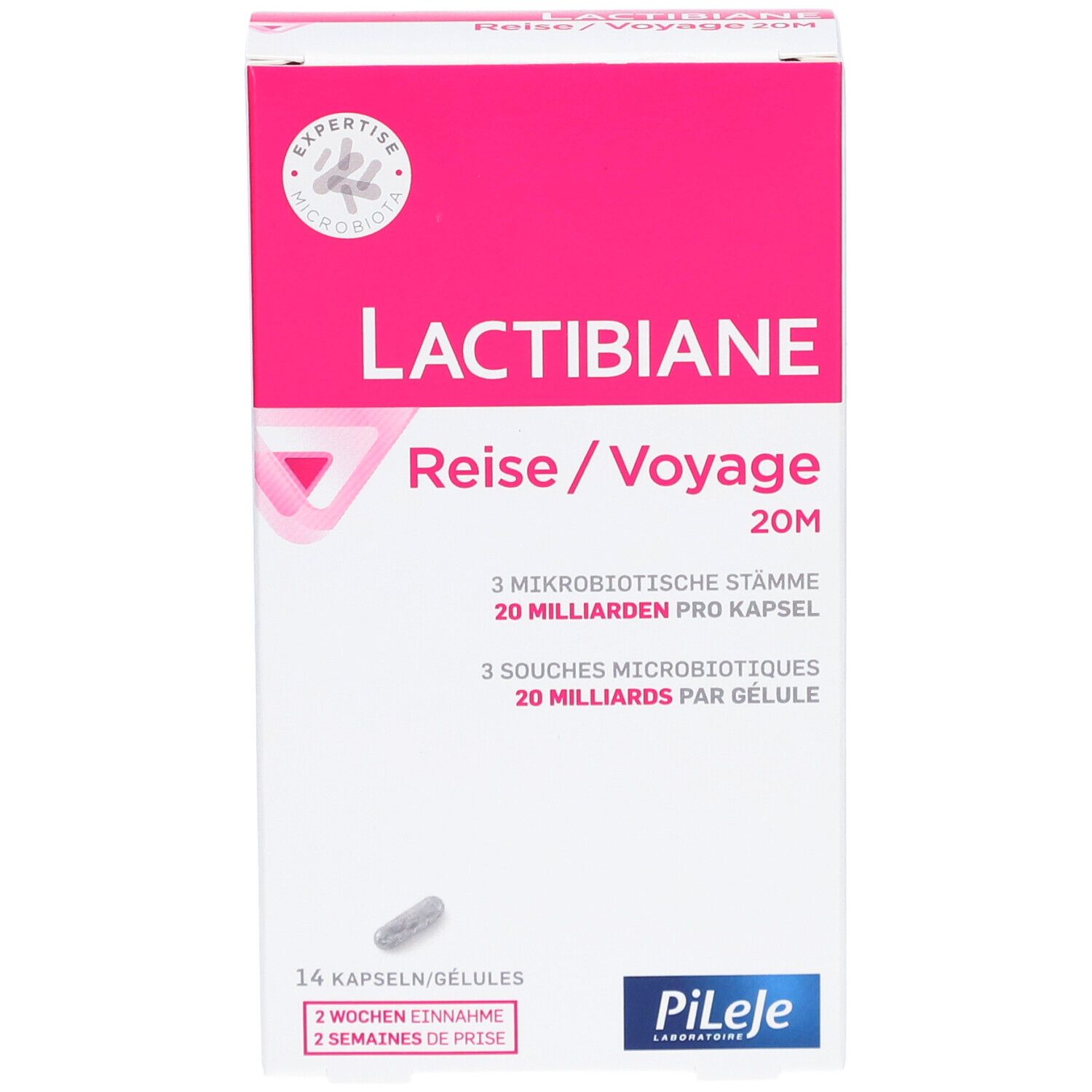 Weiß-rosa Schachtel mit Kapsel-Abbildung. Text: LACTIBIANE Reise/Voyage 20M, 14 Kapseln/Gélules, Pileje.