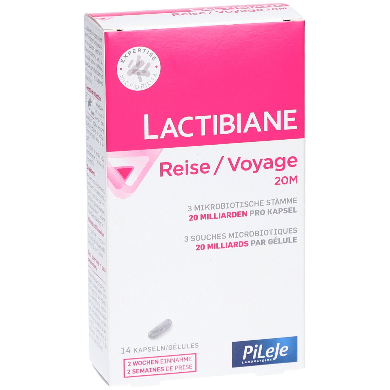 Weiß-rosa Schachtel mit Kapsel-Abbildung. Text: LACTIBIANE Reise/Voyage 20M, 14 Kapseln/Gélules, Pileje.