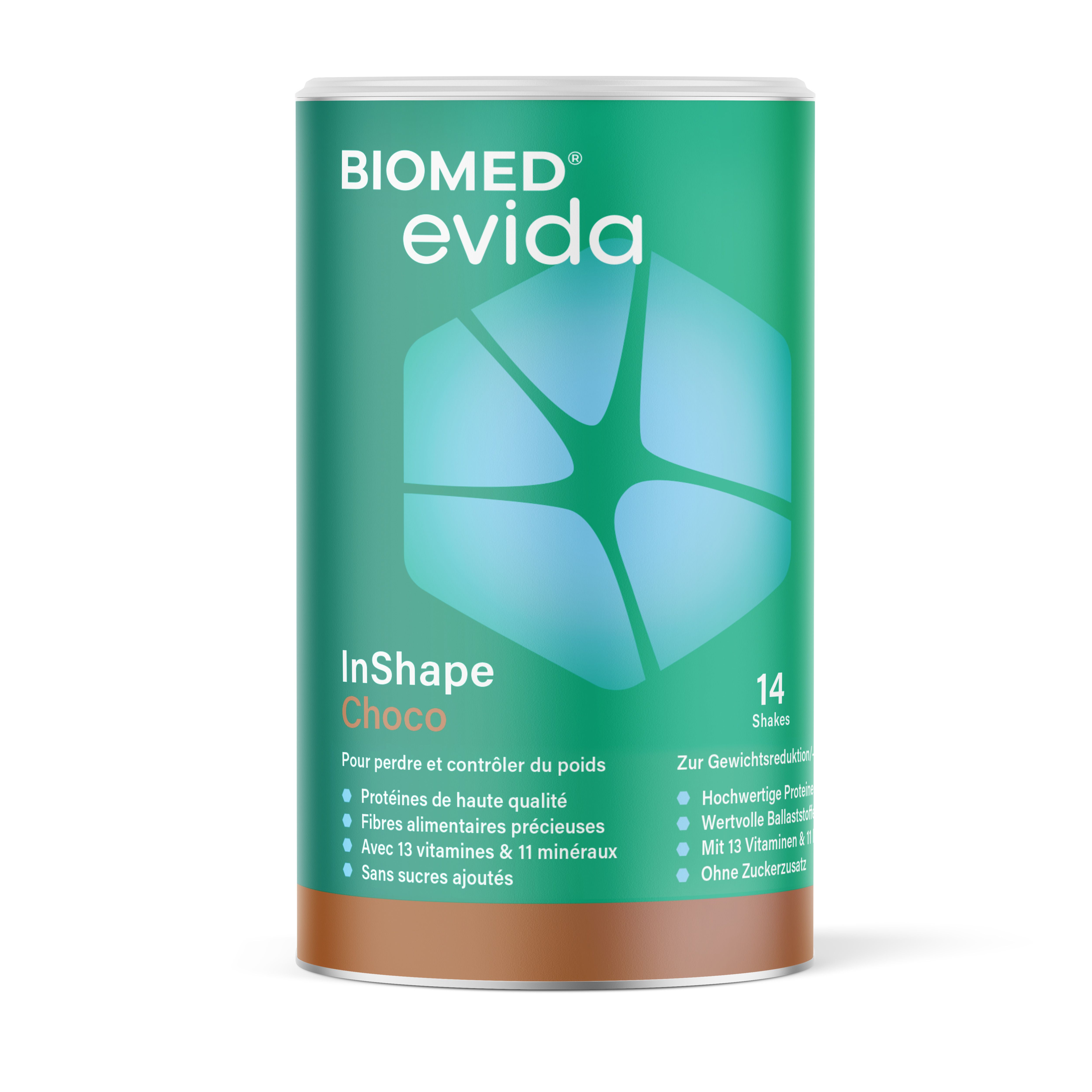 Biomed Evida InShape Choco Dose mit Nährwertangaben und Produktinformationen.