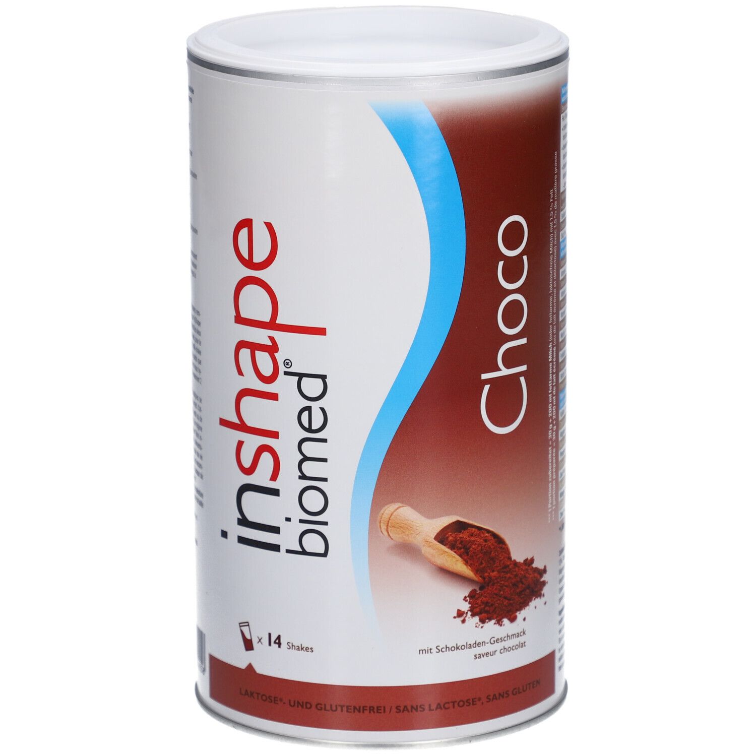 Zylindrische Dose mit "inshape biomed Choco". Braunes Pulver und kleiner Löffel. "14 Shakes".