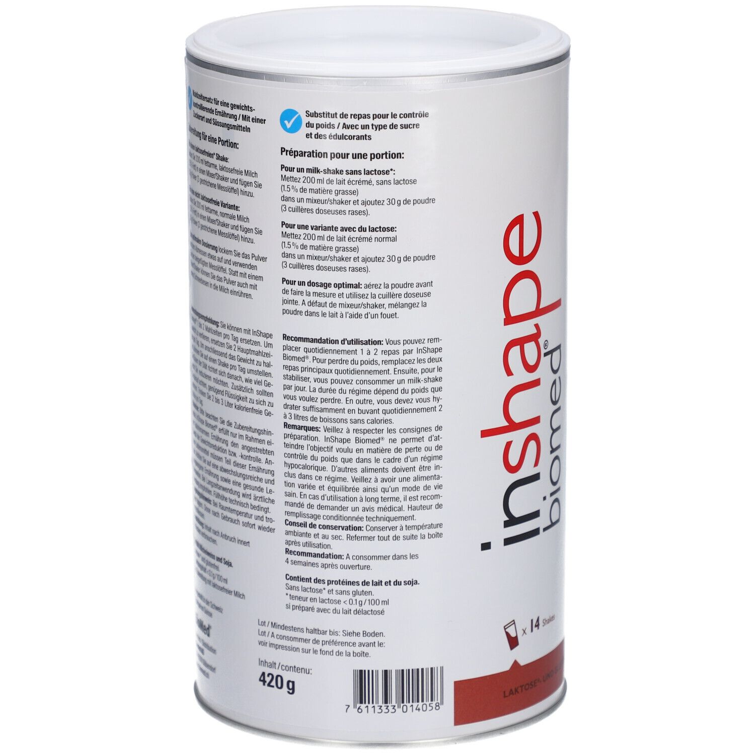Rückseite der Dose "inshape biomed". Text in Deutsch. "420 g".