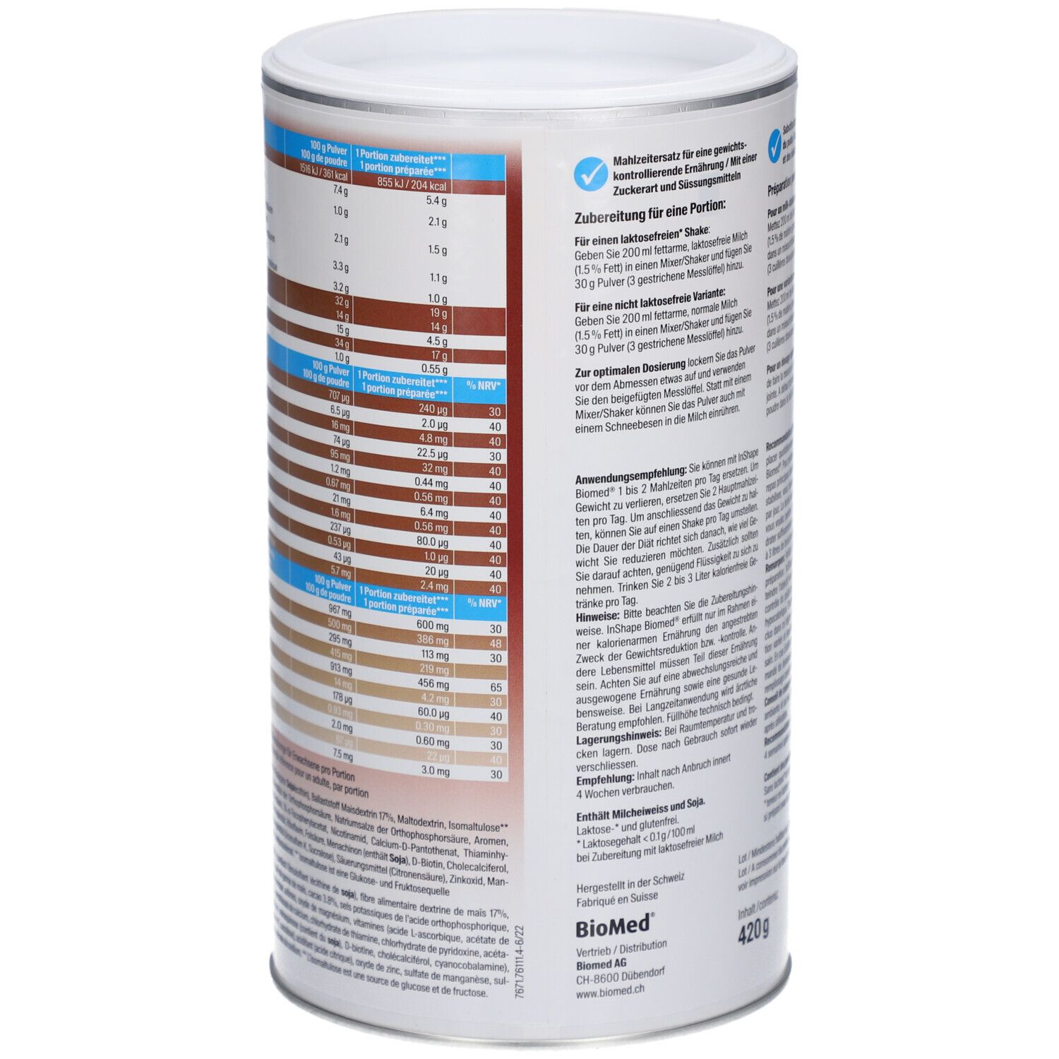 Dose "inshape biomed". Nährwerttabelle. Text in Deutsch. "420 g".