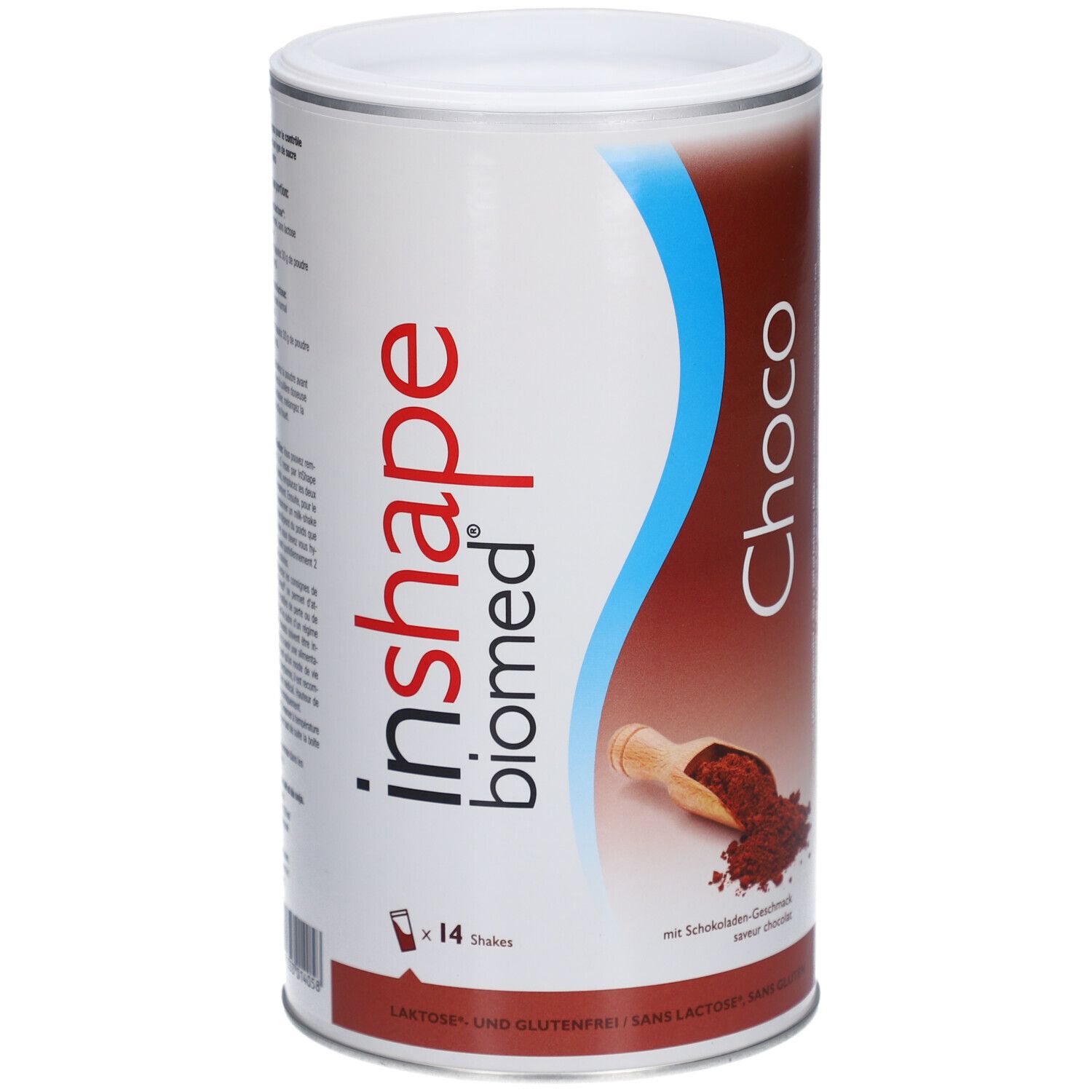 Zylindrische Dose "inshape biomed Choco". Braunes Pulver und Löffel. "14 Shakes".
