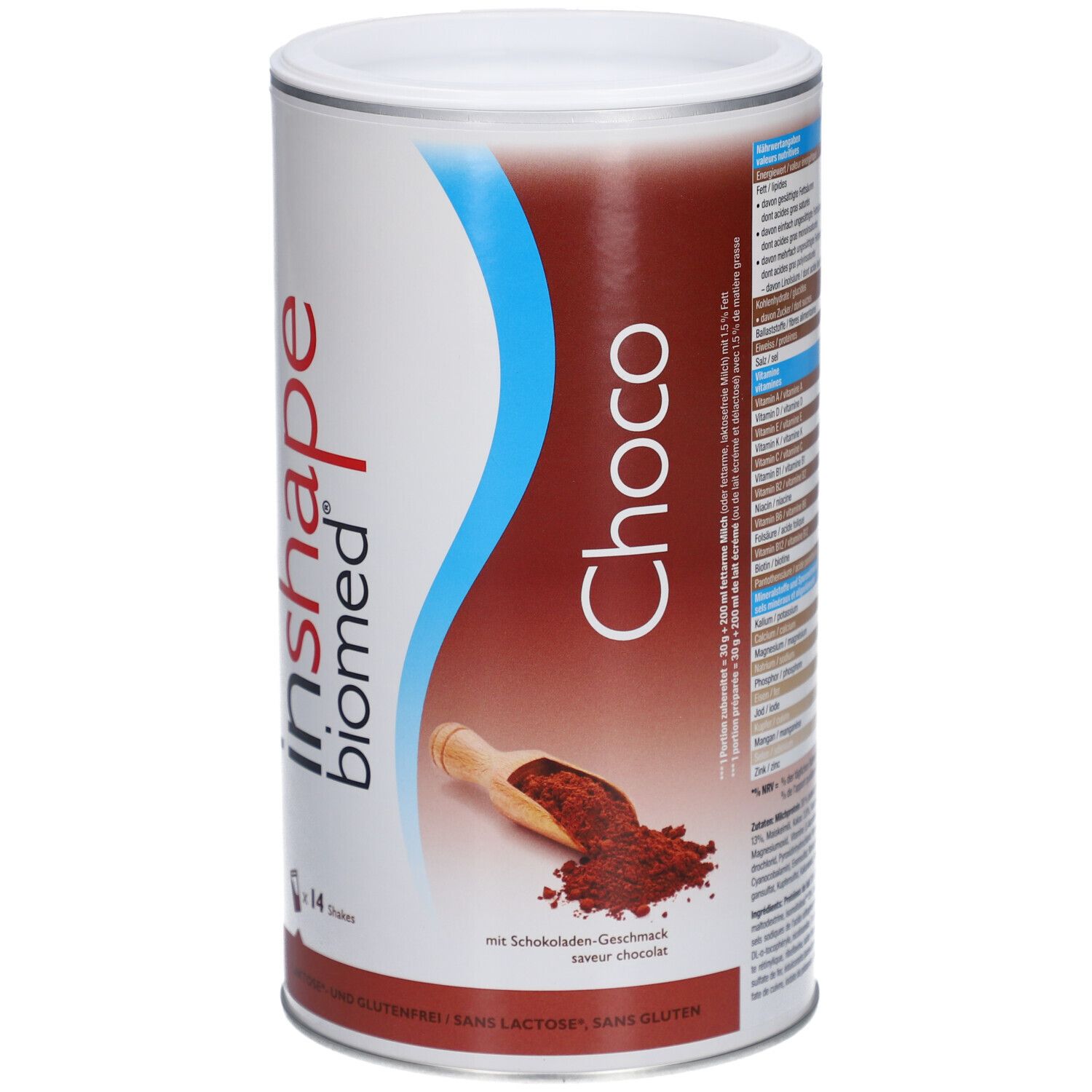 Dose "inshape biomed Choco". Braunes Pulver und Löffel. Text in Deutsch. "14 Shakes".