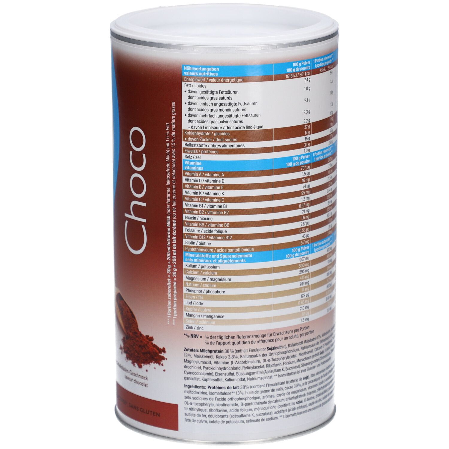 Dose "inshape biomed Choco". Nährwerttabelle. Text in Deutsch. "420 g".