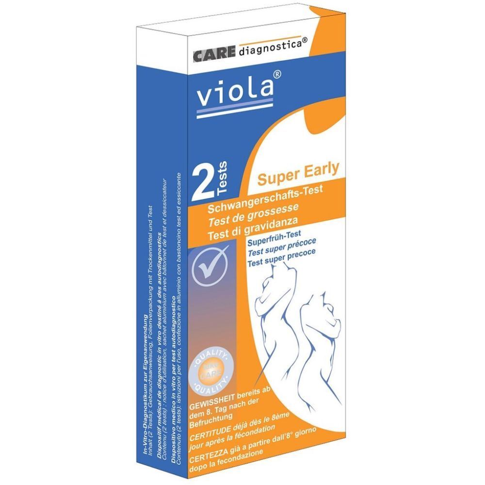 Verpackung von viola® Schwangerschaftstest. Enthält 2 Tests. Aufschrift: Super Early.