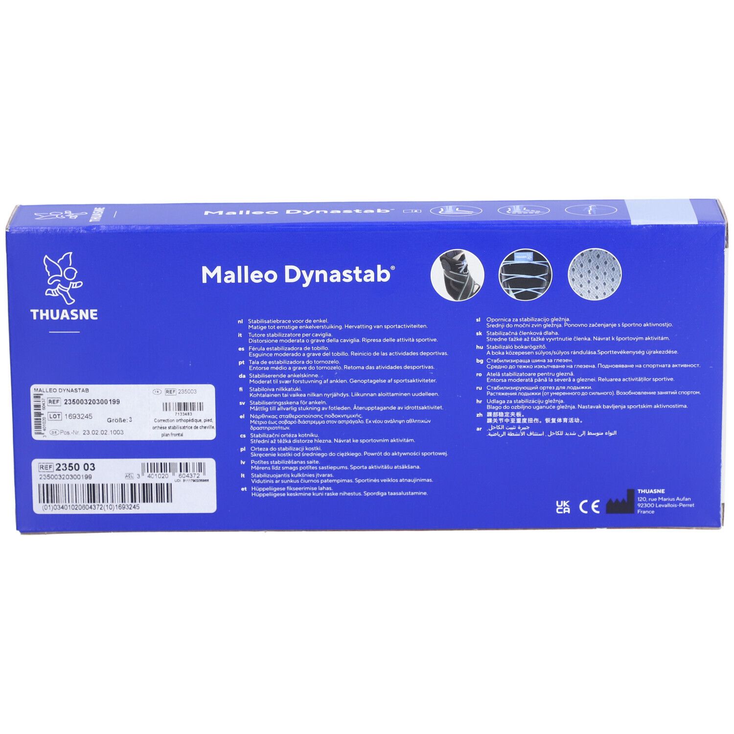 Emballage du produit, bleu. Texte : Malleo Dynastab. Logo THUASNE. Informations et pictogrammes. Arrière.
