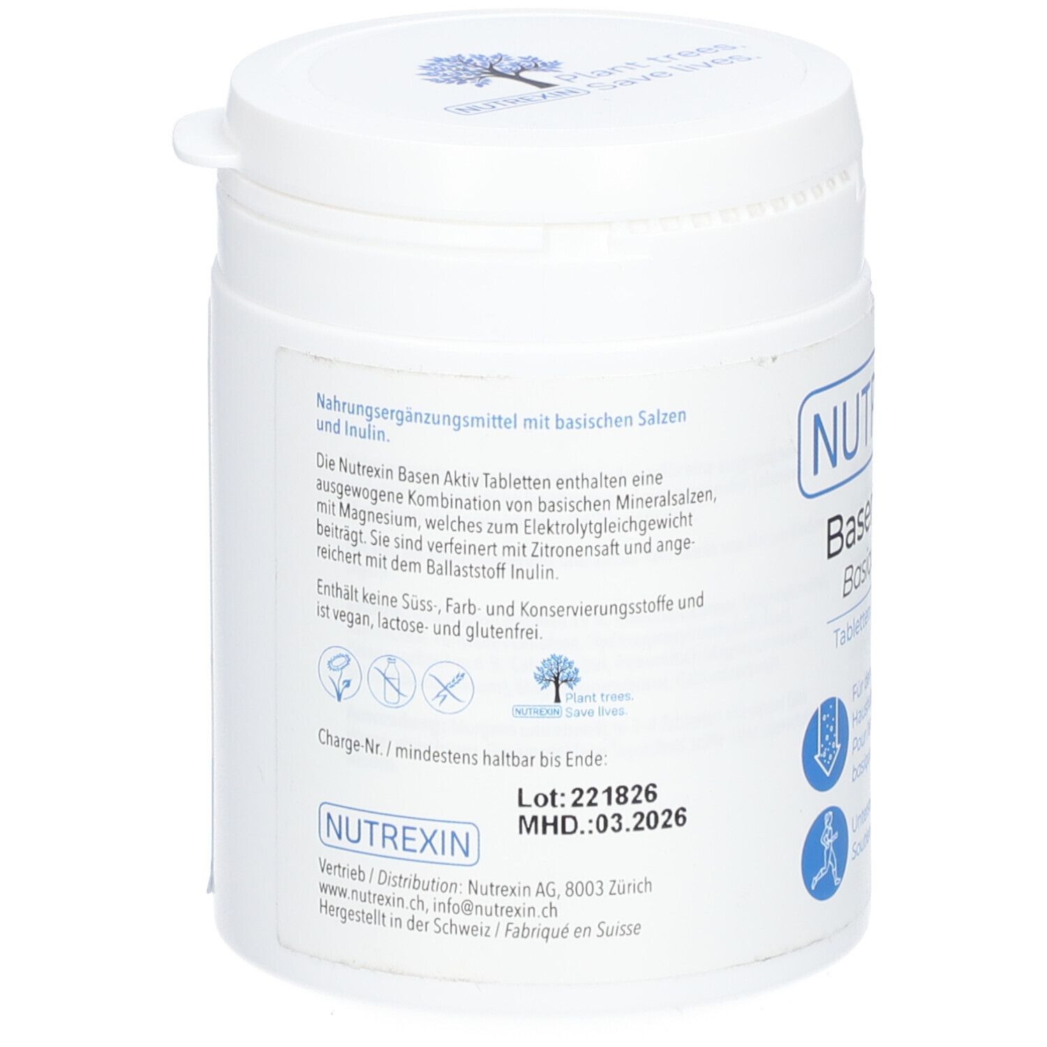 Rückseite der weißen Dose. Textinformationen, darunter Inhaltsstoffe und Herstellerangaben. Chargennummer und MHD.