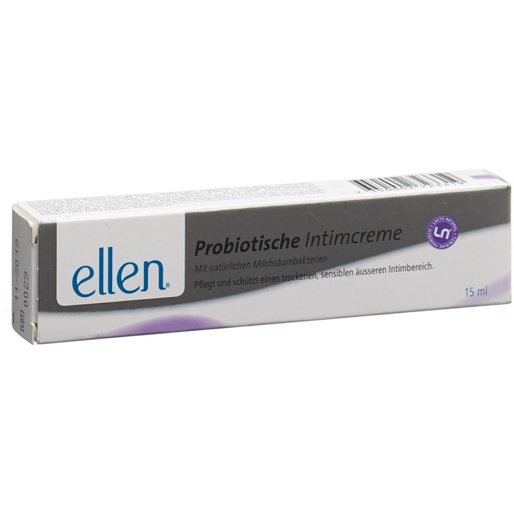 Weiße Schachtel mit "ellen"-Logo und Produktnamen "Probiotische Intimcreme". 15 ml. Lila Akzente.