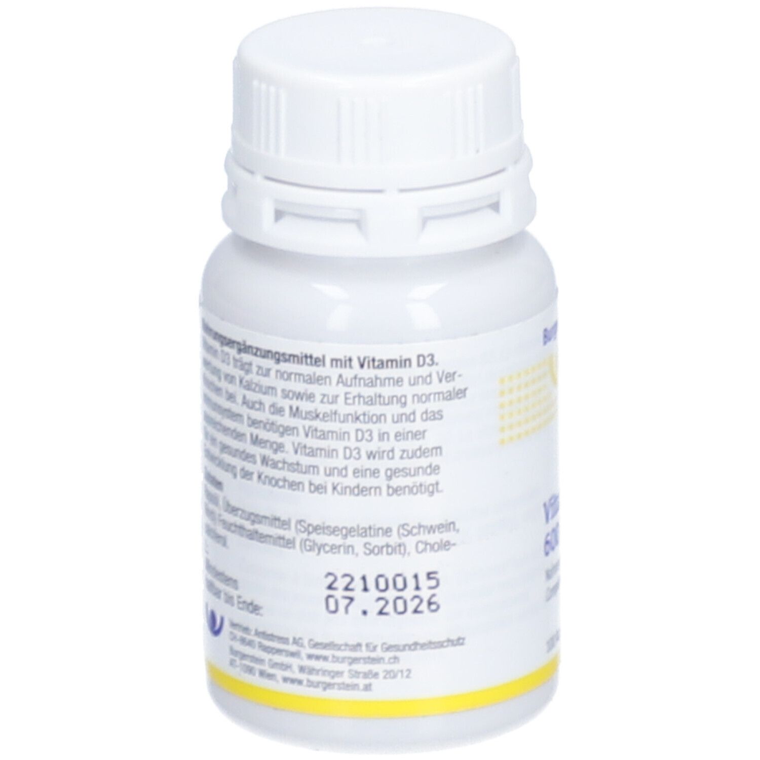 Rückseite der weißen Flasche Burgerstein Vitamin D3. Text: Nahrungsergänzungsmittel mit Vitamin D3. Mindestens haltbar bis 07.2026.
