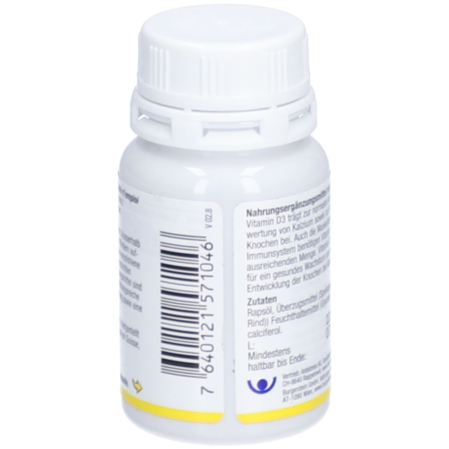 Rückseite der weißen Flasche Burgerstein Vitamin D3. Text: Nahrungsergänzungsmittel. Zutaten. Mindestens haltbar bis Ende.