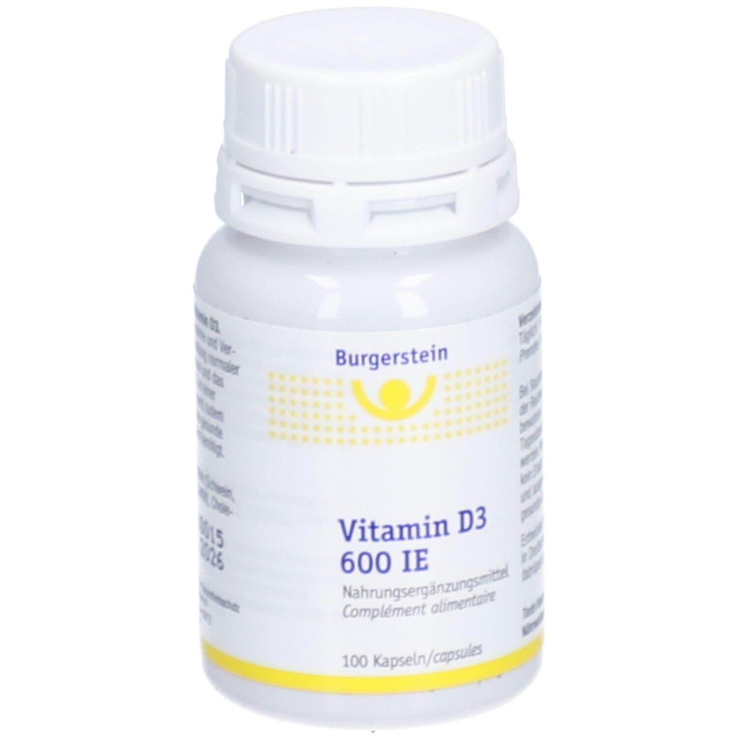Weiße Flasche Burgerstein Vitamin D3 600 IE. Aufschrift: Nahrungsergänzungsmittel. 100 Kapseln. Gelber Streifen.