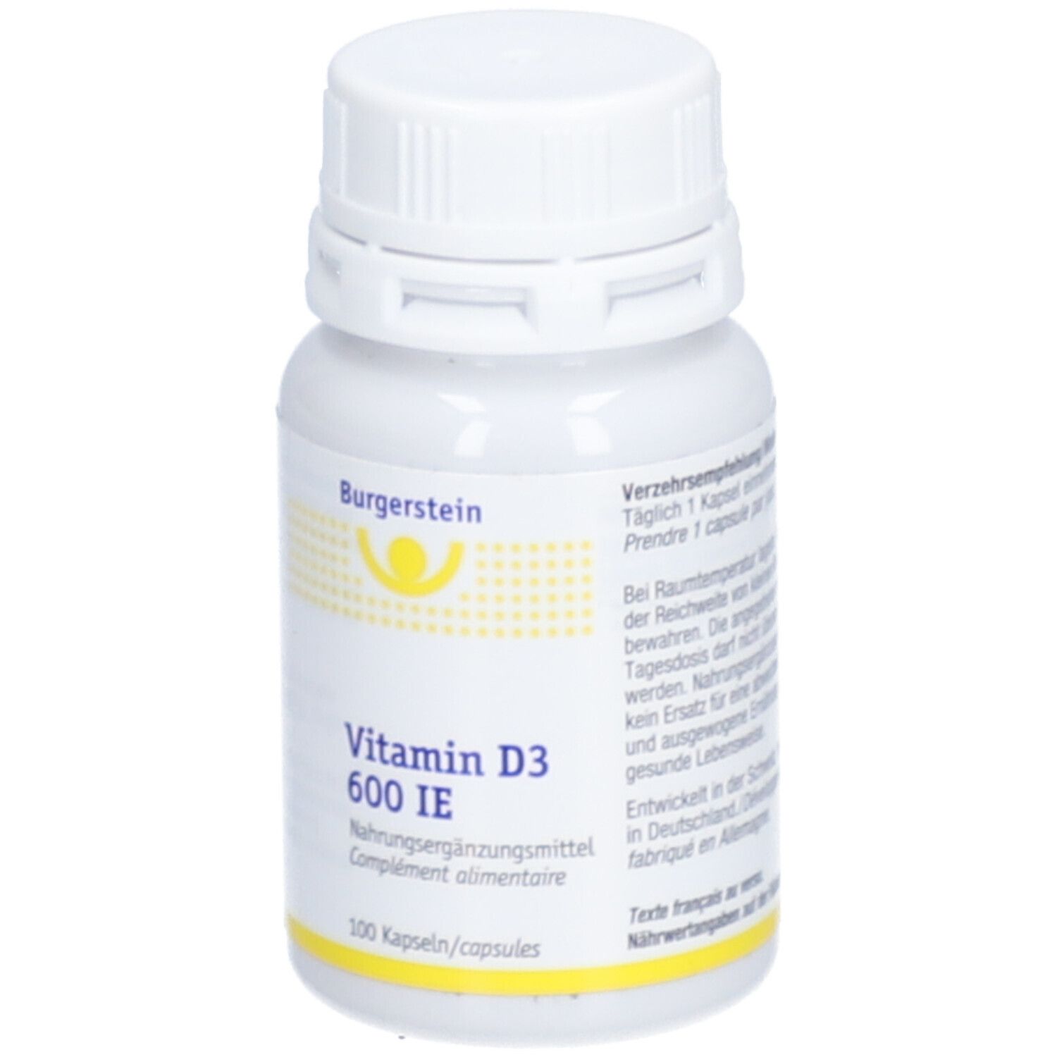 Weiße Flasche Burgerstein Vitamin D3 600 IE. Aufschrift: Nahrungsergänzungsmittel. 100 Kapseln. Gelber Streifen.