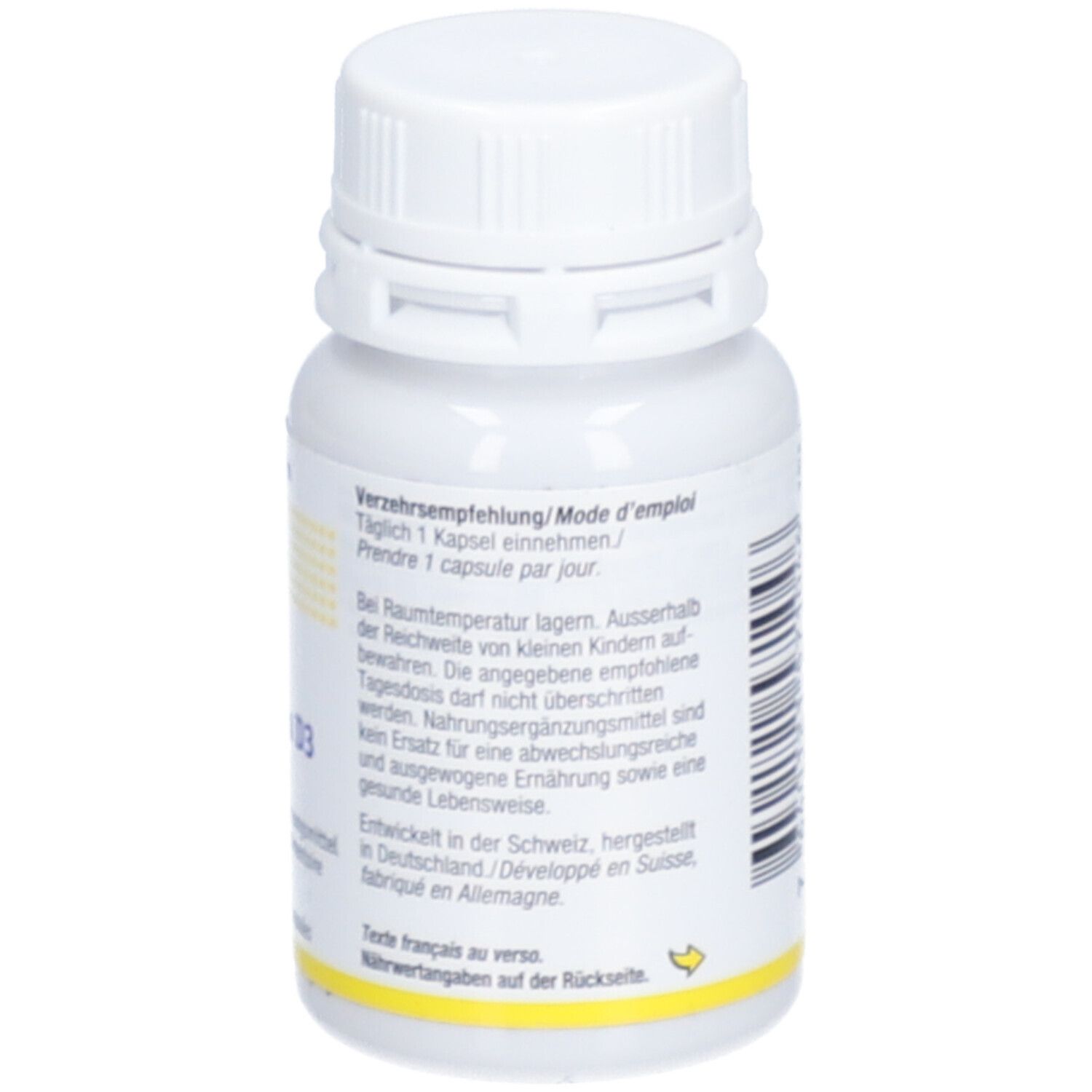Rückseite der weißen Flasche Burgerstein Vitamin D3. Text: Verzehrempfehlung. Gelber Streifen. Hergestellt in Deutschland.