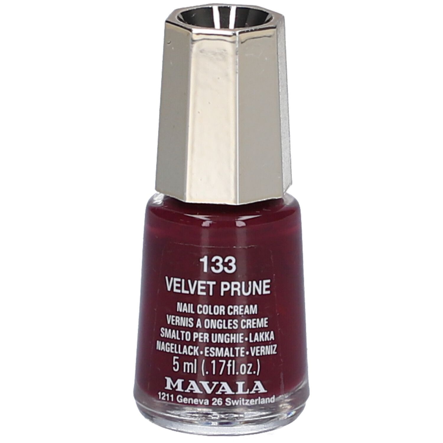 Nagellackflasche, Farbe Velvet Prune 133. Silberfarbener Deckel. 5 ml. Text: Nail Color Cream, Vernis à Ongles Creme, Smalto per Unghie, Nagellack.