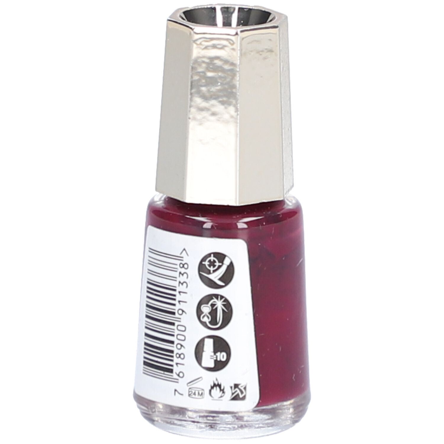 Nagellackflasche, Farbe Velvet Prune 133. Rückseite mit Barcode und Symbolen. 5 ml. Text: Nail Color Cream, Vernis à Ongles Creme, Smalto per Unghie, Nagellack.