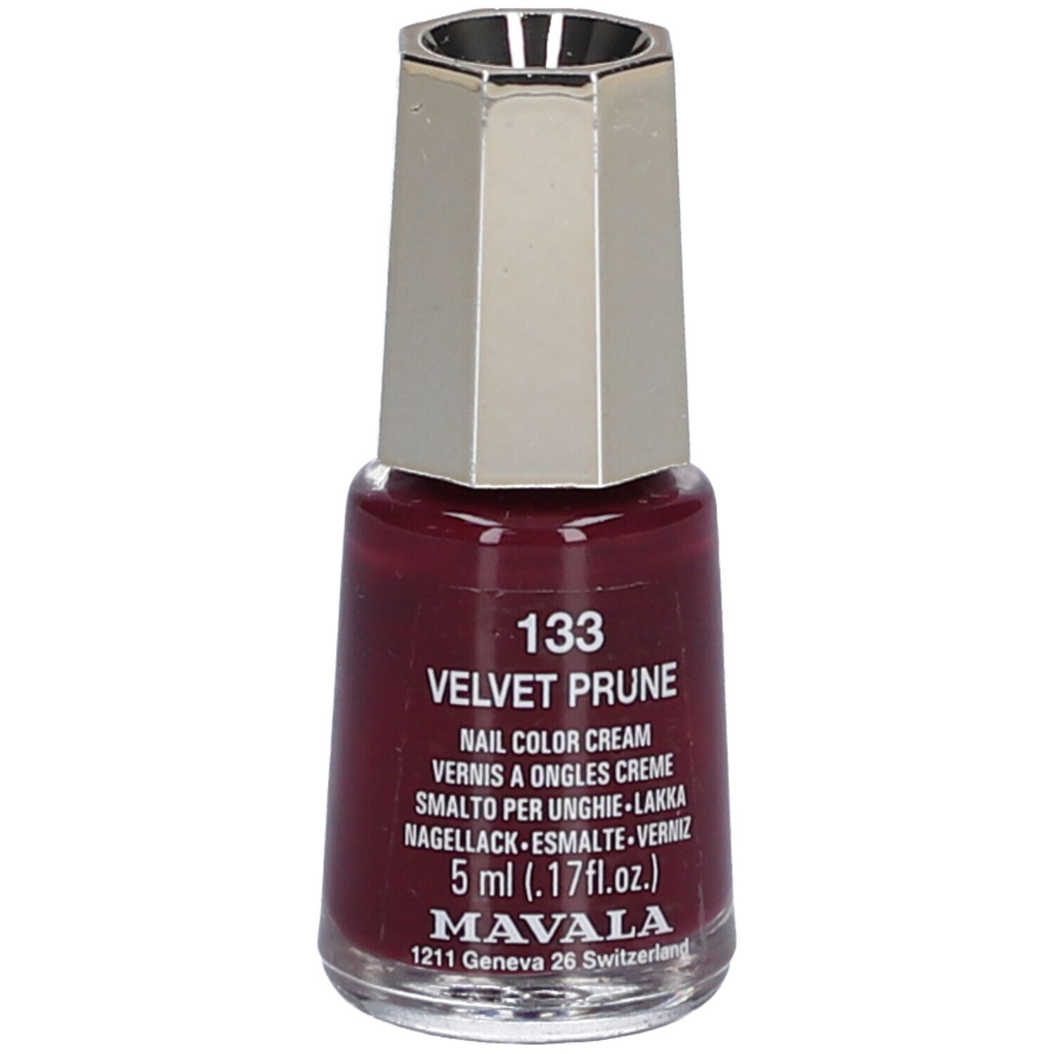 Nagellackflasche, Farbe Velvet Prune 133. Silberfarbener Deckel. 5 ml. Text: Nail Color Cream, Vernis à Ongles Creme, Smalto per Unghie, Nagellack.