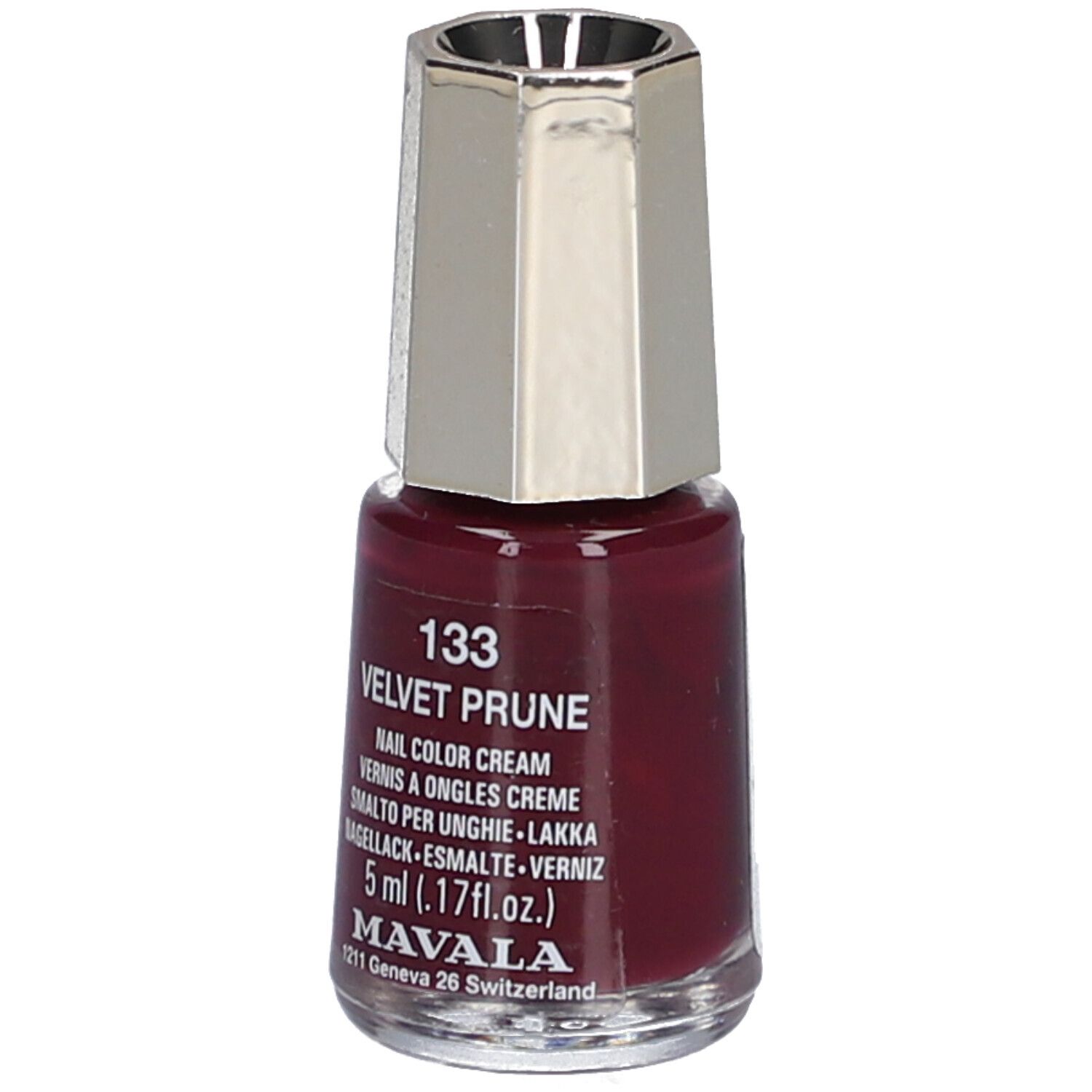 Nagellackflasche, Farbe Velvet Prune 133. Silberfarbener Deckel. 5 ml. Text: Nail Color Cream, Vernis à Ongles Creme, Smalto per Unghie, Nagellack.