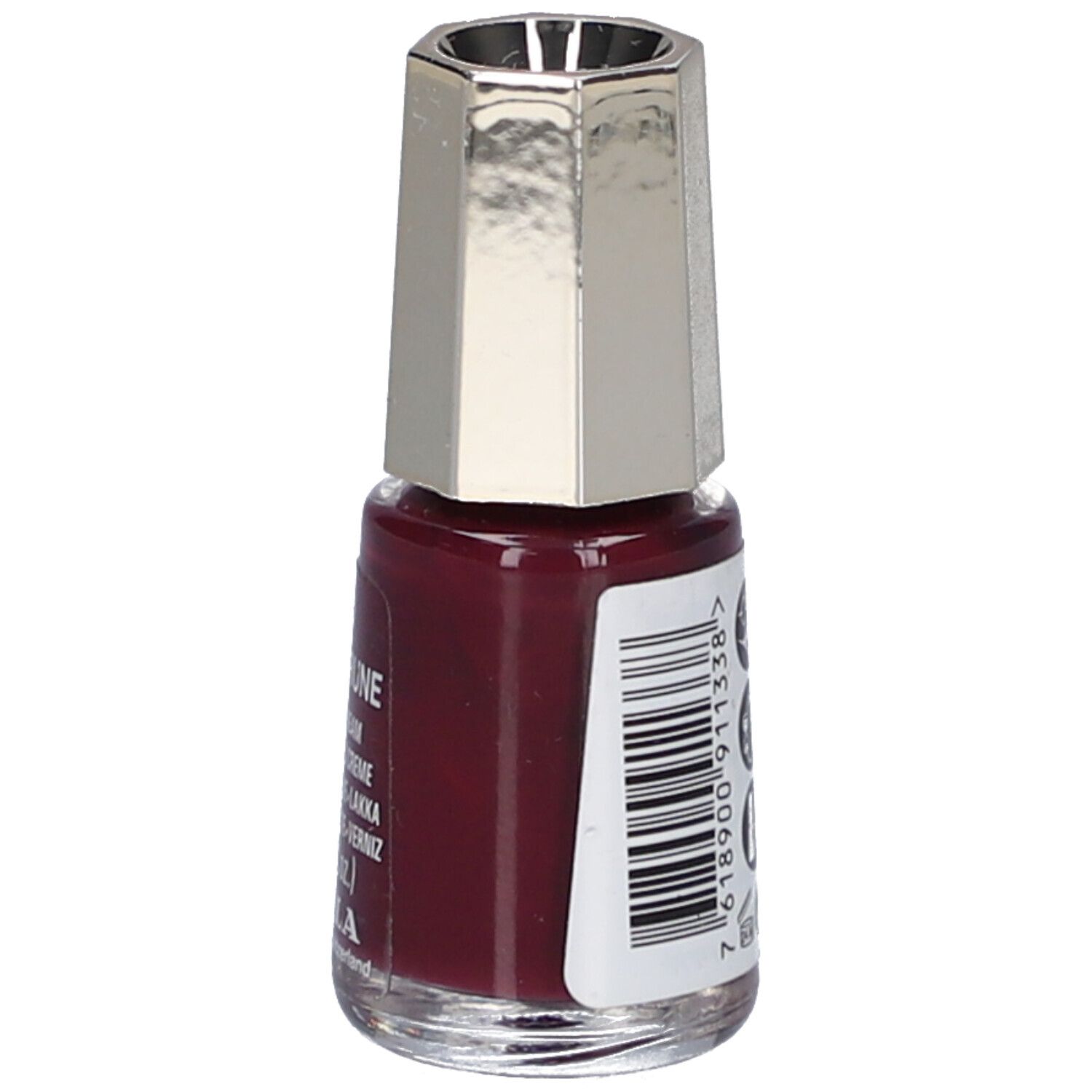 Nagellackflasche, Farbe Velvet Prune 133. Rückseite mit Barcode und Symbolen. 5 ml. Text: Nail Color Cream, Vernis à Ongles Creme, Smalto per Unghie, Nagellack.