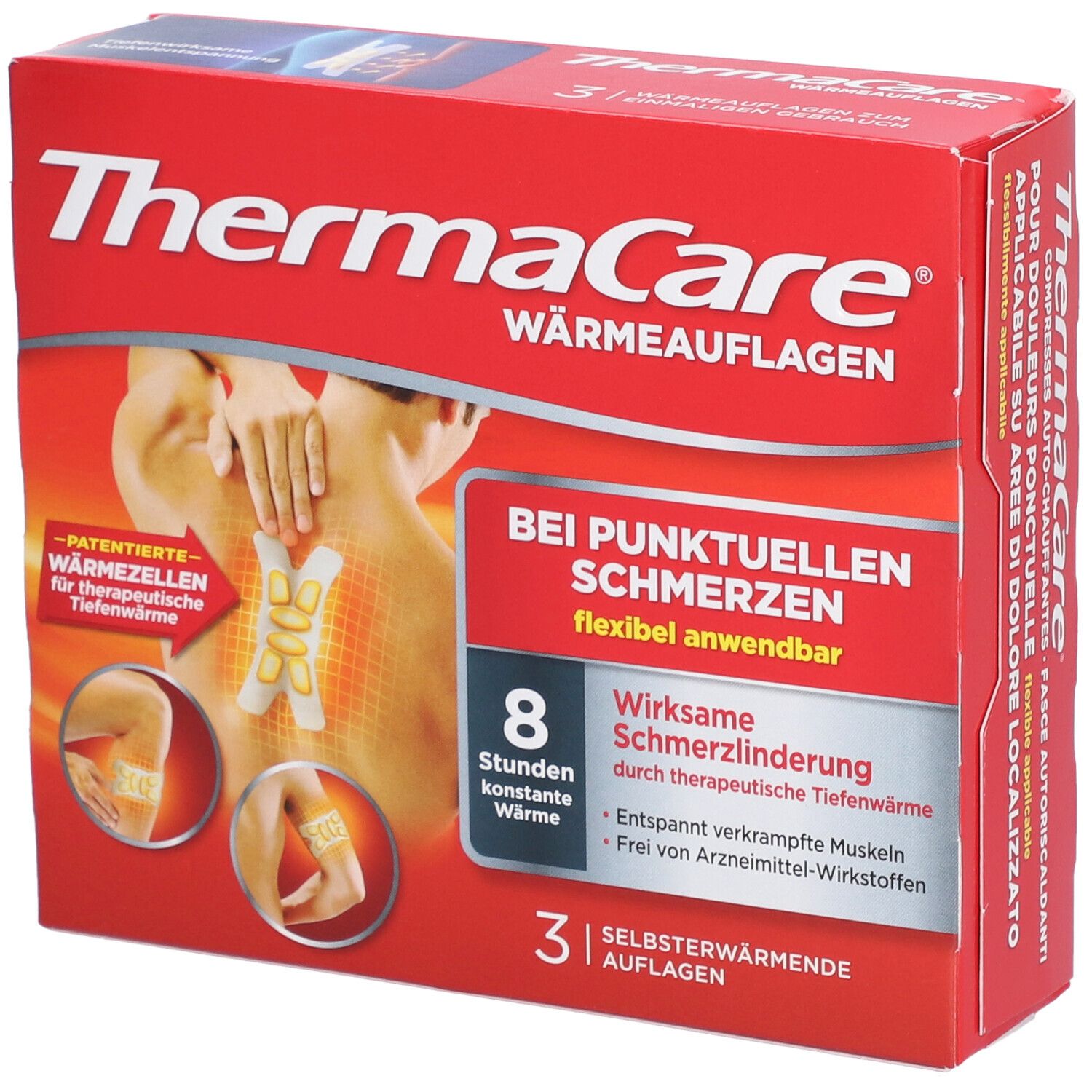Rote Verpackung von THERMACARE® Wärmeauflagen. Text: Bei punktuellen Schmerzen, 8 Stunden Wärme, 3 selbstwärmende Auflagen.