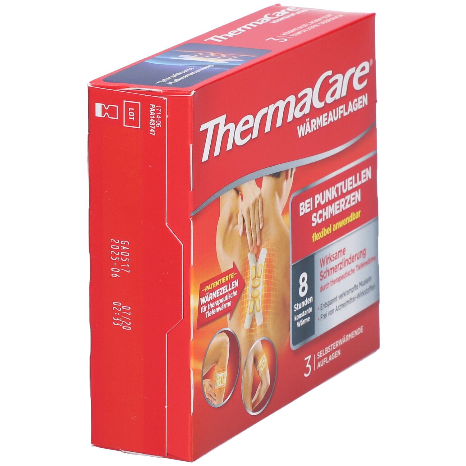 Rote Verpackung von THERMACARE® Wärmeauflagen. Seitenansicht. Text: Bei punktuellen Schmerzen, 8 Stunden Wärme, 3 selbstwärmende Auflagen.