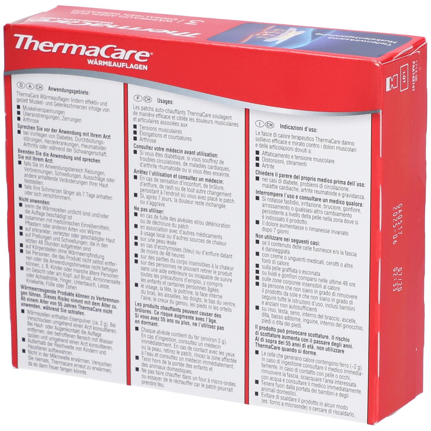 Rückseite der roten Verpackung von THERMACARE® Wärmeauflagen. Mehrsprachiger Text mit Anwendungshinweisen und Vorsichtsmaßnahmen.