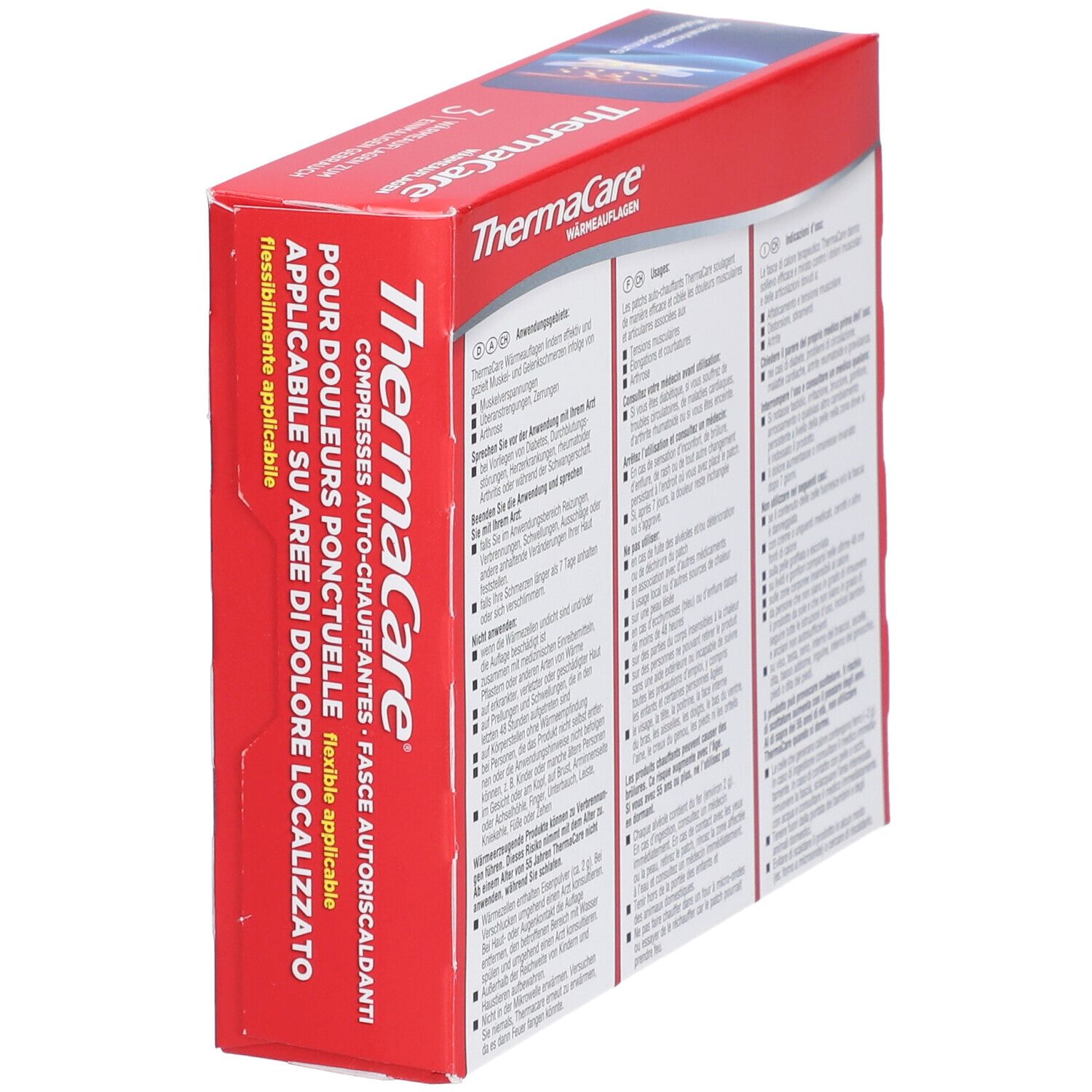 Rote Verpackung von THERMACARE® Wärmeauflagen. Seitenansicht. Text: Für punktuelle Schmerzen, flexibel anwendbar.