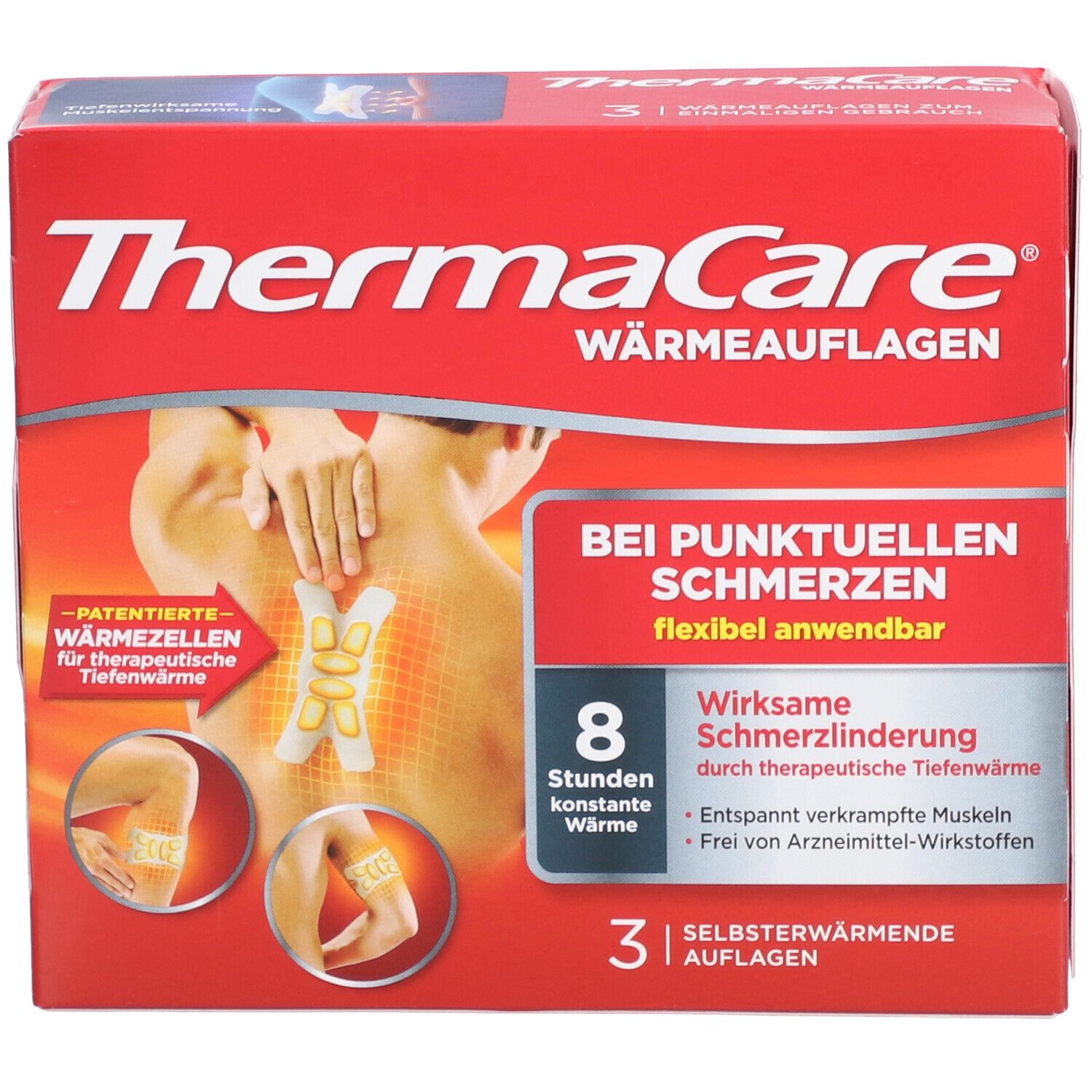 Rote Verpackung von THERMACARE® Wärmeauflagen. Text: Bei punktuellen Schmerzen, 8 Stunden Wärme, 3 selbstwärmende Auflagen.