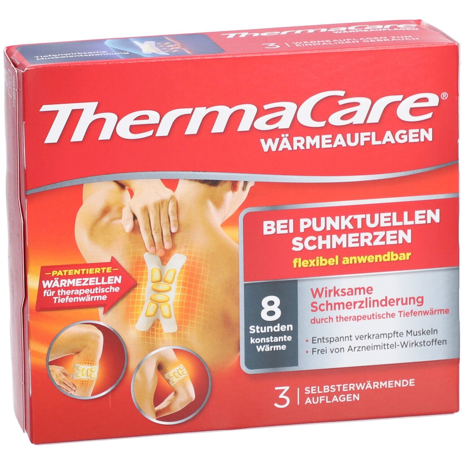 Rote Verpackung von THERMACARE® Wärmeauflagen. Text: Bei punktuellen Schmerzen, 8 Stunden Wärme, 3 selbstwärmende Auflagen.