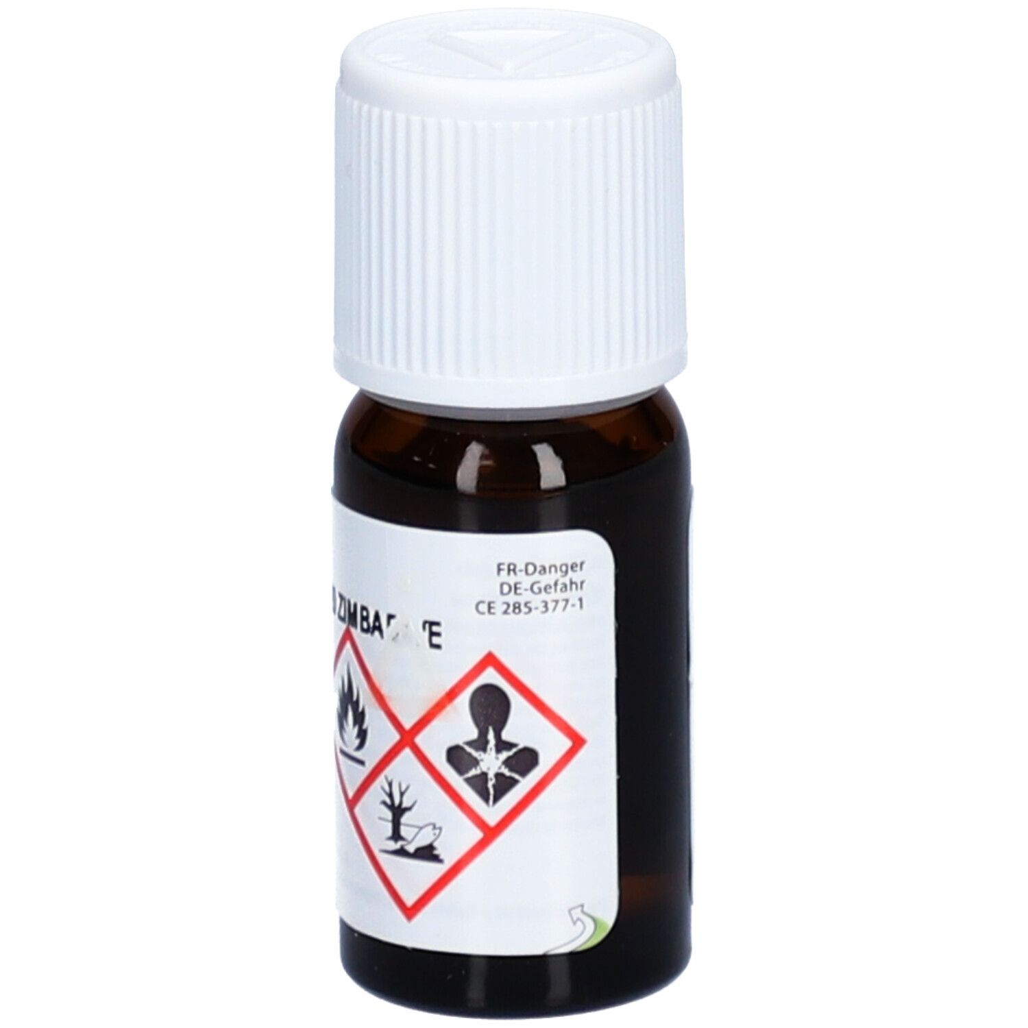Flacon en verre brun avec bouchon blanc. Étiquette avec symboles de danger. Informations sur le produit et numéro de lot.