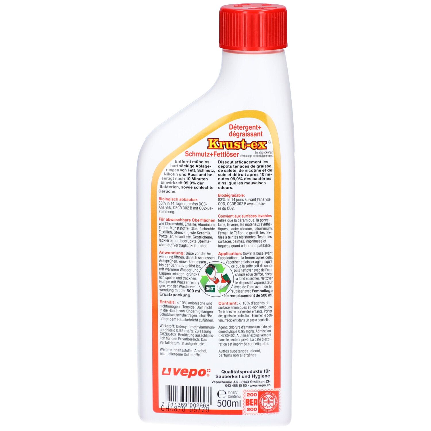 Rückseite einer Flasche mit rotem Deckel. Text: Krust-ex, Dégraissant, Fettlöser. Informationen und Recycling-Symbol.
