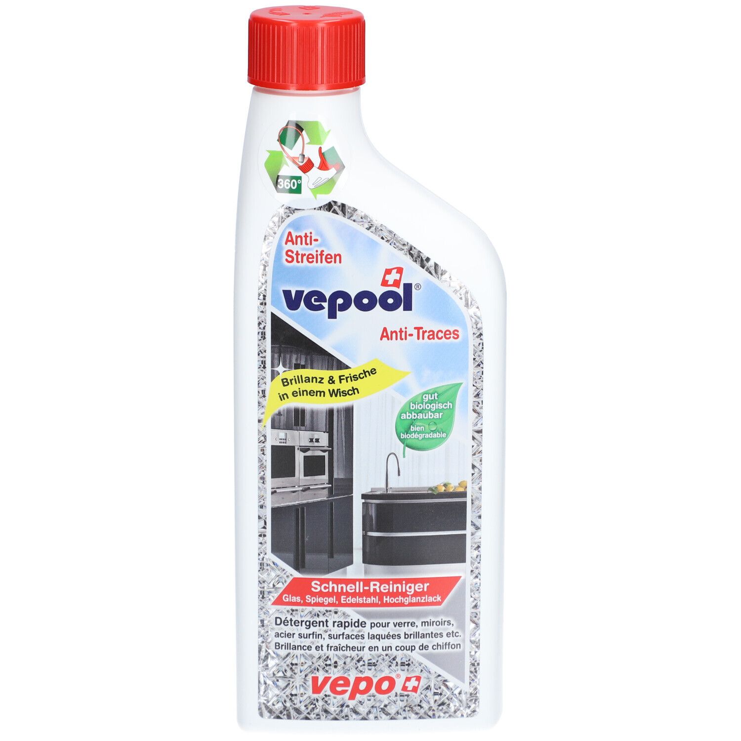 Weiße Flasche mit rotem Deckel. Aufschrift: vepool Anti-Streifen Schnell-Reiniger. Abbildung einer Küche. 360° Recycling-Symbol.