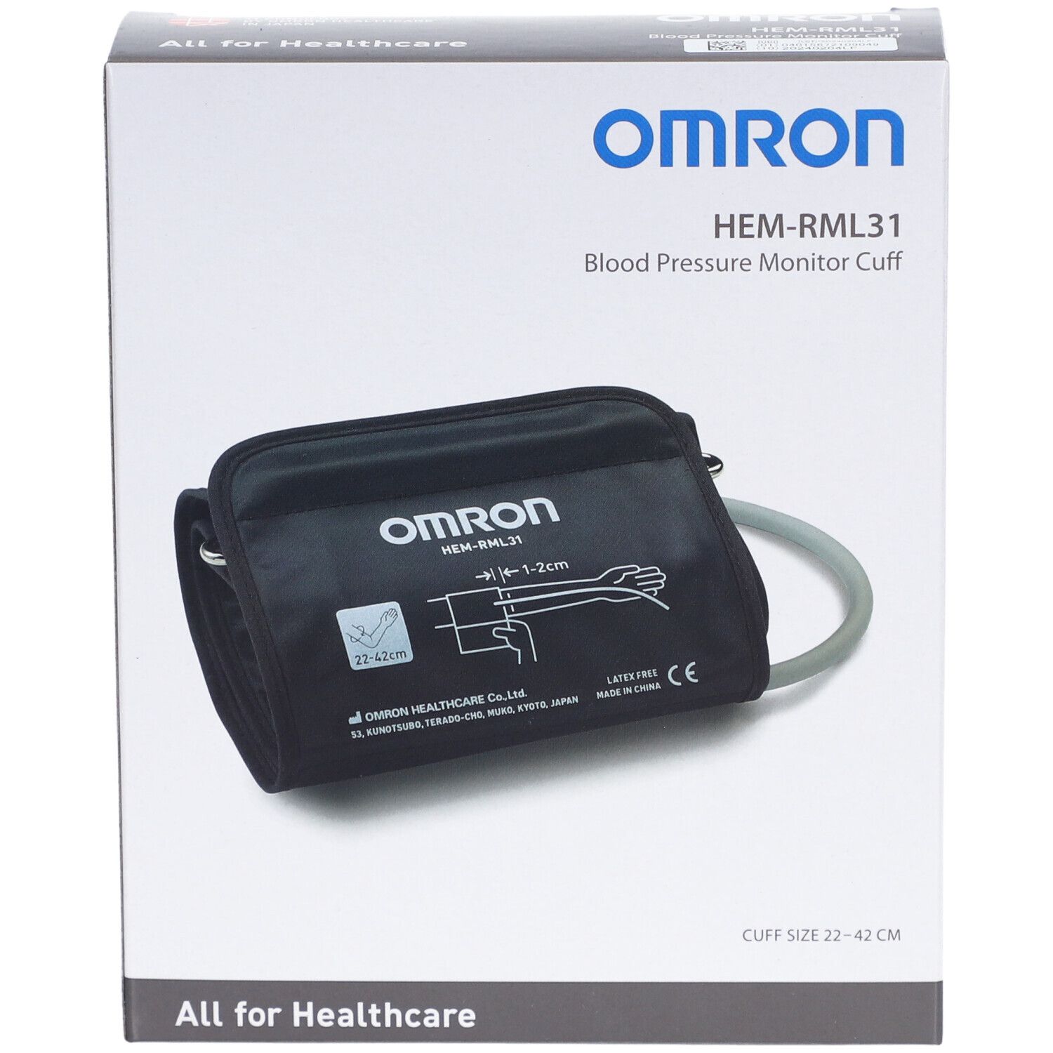 OMRON Manschette HEM-RML31 in Verpackung. Schwarze Manschette mit Schlauch. Marke und Modellbezeichnung sichtbar.