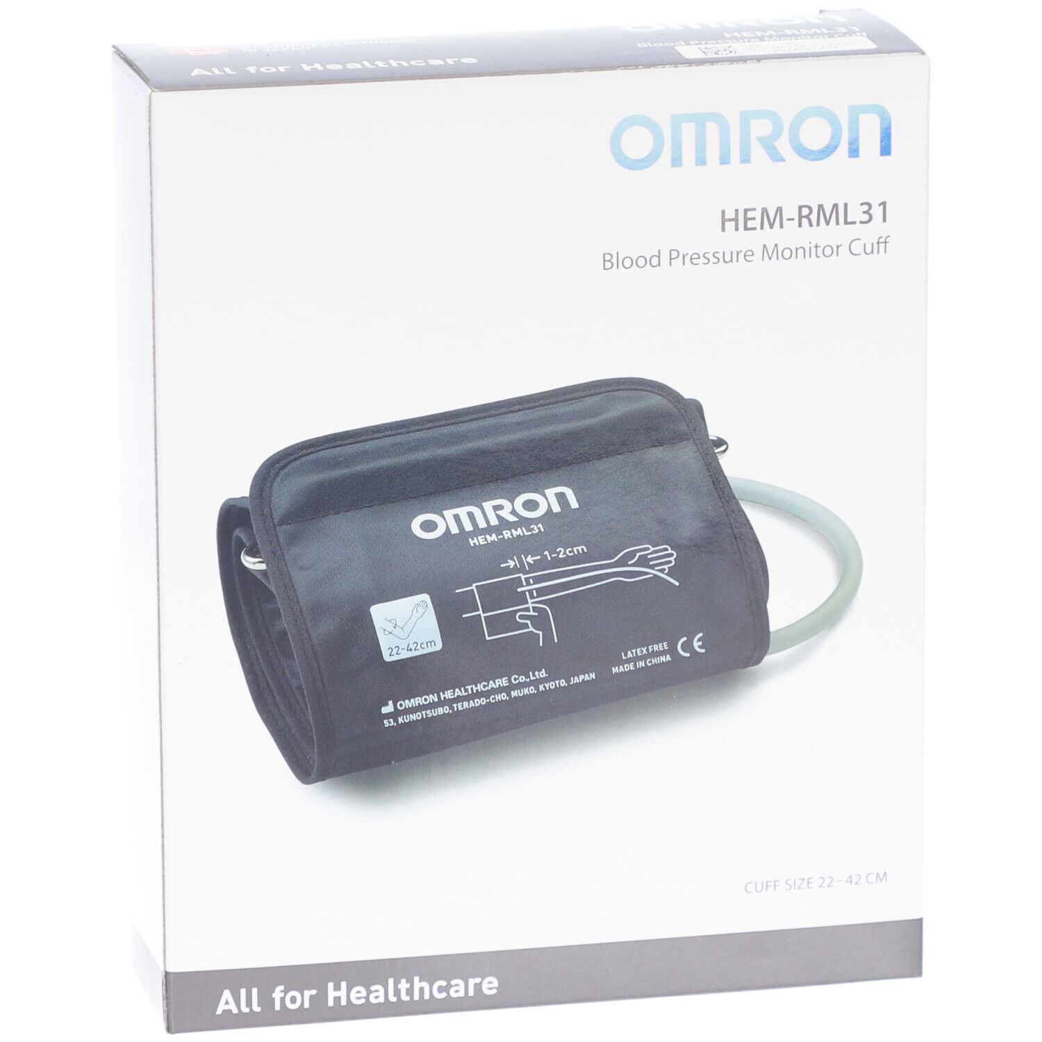 OMRON Manschette HEM-RML31 in Verpackung. Schwarze Manschette mit Schlauch. Marke und Modellbezeichnung sichtbar.