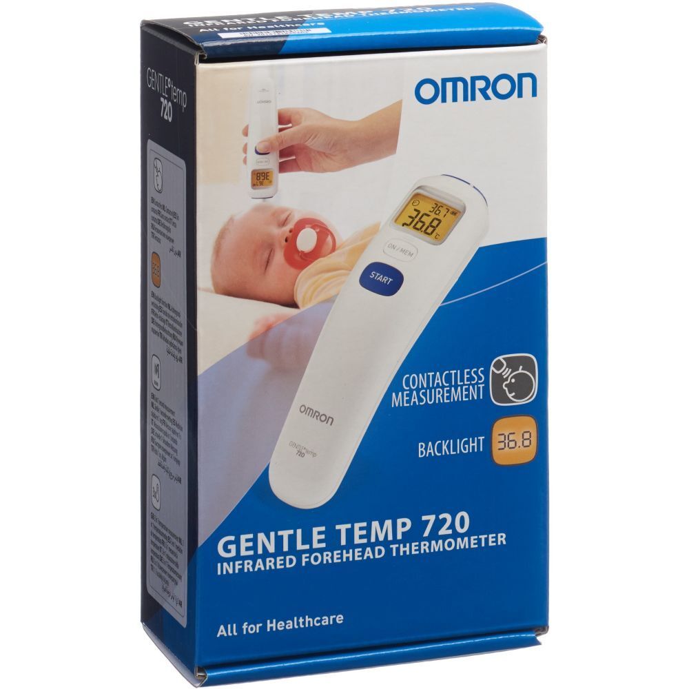 Verpackung des Omron Gentle Temp 720. Auf der Verpackung ist ein Baby abgebildet, dem mit dem Thermometer die Temperatur gemessen wird.