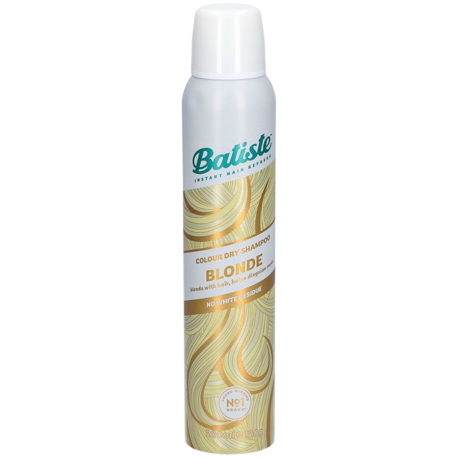 Zylindrische Sprühflasche mit weißem Deckel. Aufschrift: Batiste, Colour Dry Shampoo Blonde. Goldfarbenes Haar-Design.
