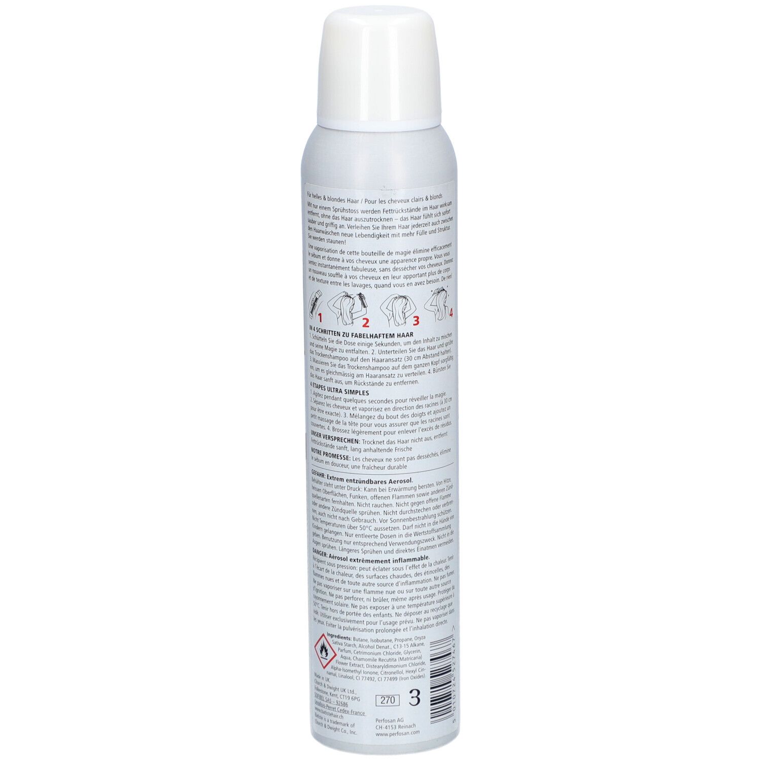 Rückseite der Sprühflasche. Text und Anweisungen. Warnhinweis. Design mit goldfarbenen Haaren.