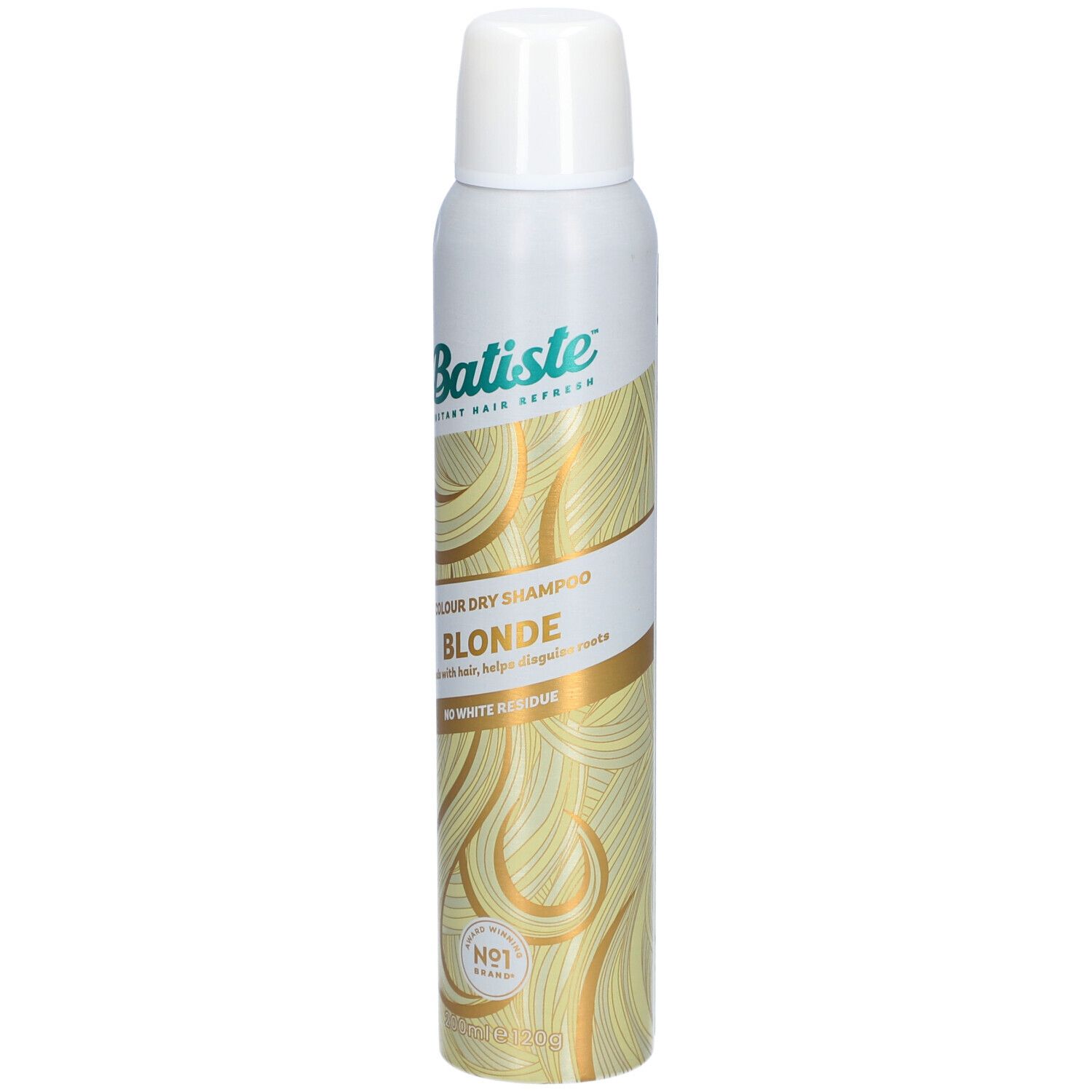 Zylindrische Sprühflasche mit weißem Deckel. Aufschrift: Batiste, Colour Dry Shampoo Blonde. Goldfarbenes Haar-Design.