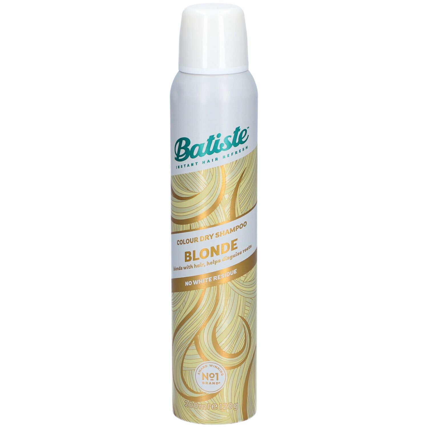 Zylindrische Sprühflasche mit weißem Deckel. Aufschrift: Batiste, Colour Dry Shampoo Blonde. Goldfarbenes Haar-Design.