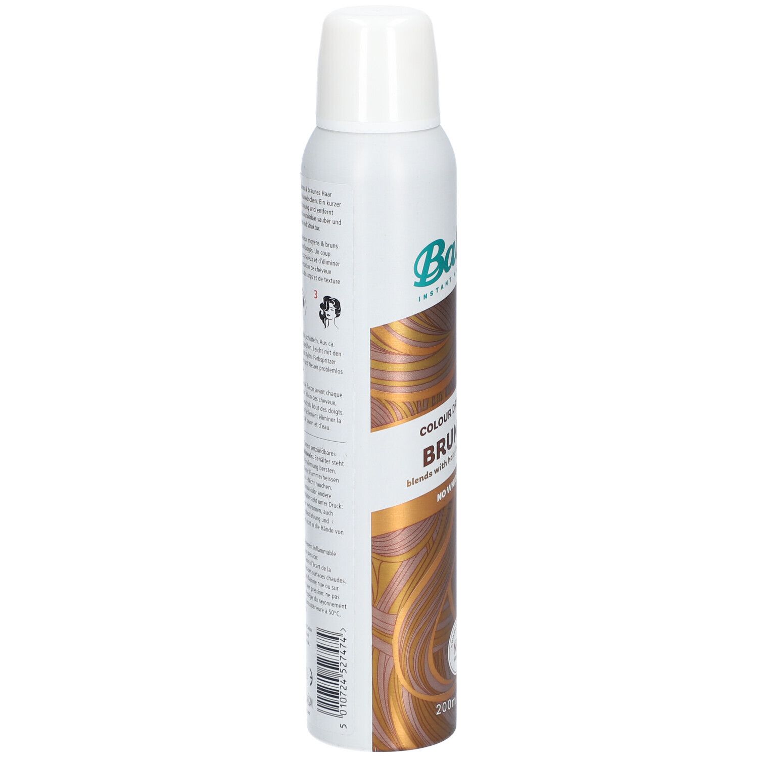 Trockenshampoo-Spraydose, weiß-braun. Aufschrift: Batiste, Colour Dry Shampoo Brunette. Text und Symbole.