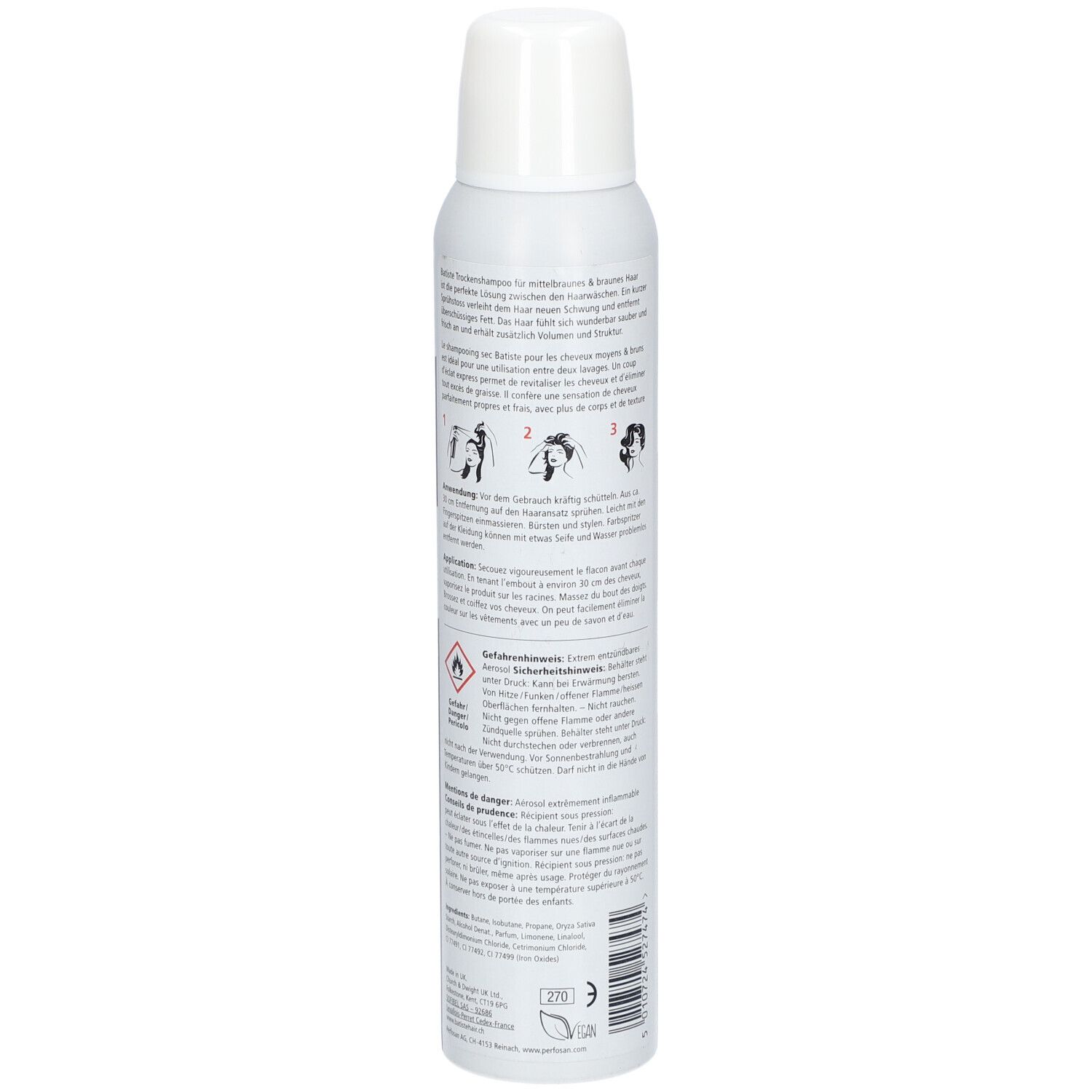 Trockenshampoo-Spraydose, weiß-braun. Aufschrift: Batiste, Colour Dry Shampoo Brunette. Text und Symbole.