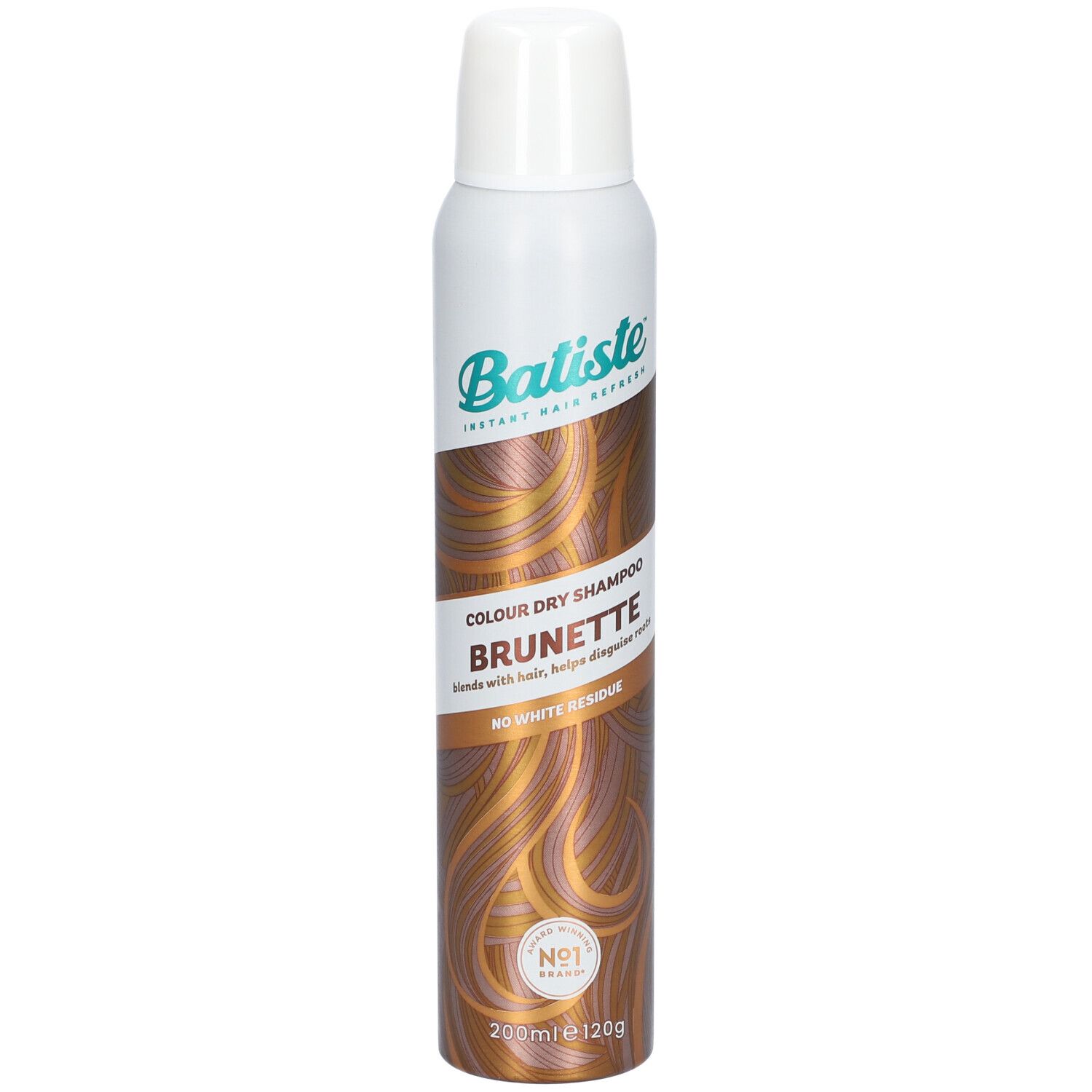 Trockenshampoo-Spraydose, weiß-braun. Aufschrift: Batiste, Colour Dry Shampoo Brunette. Mit Haaren.