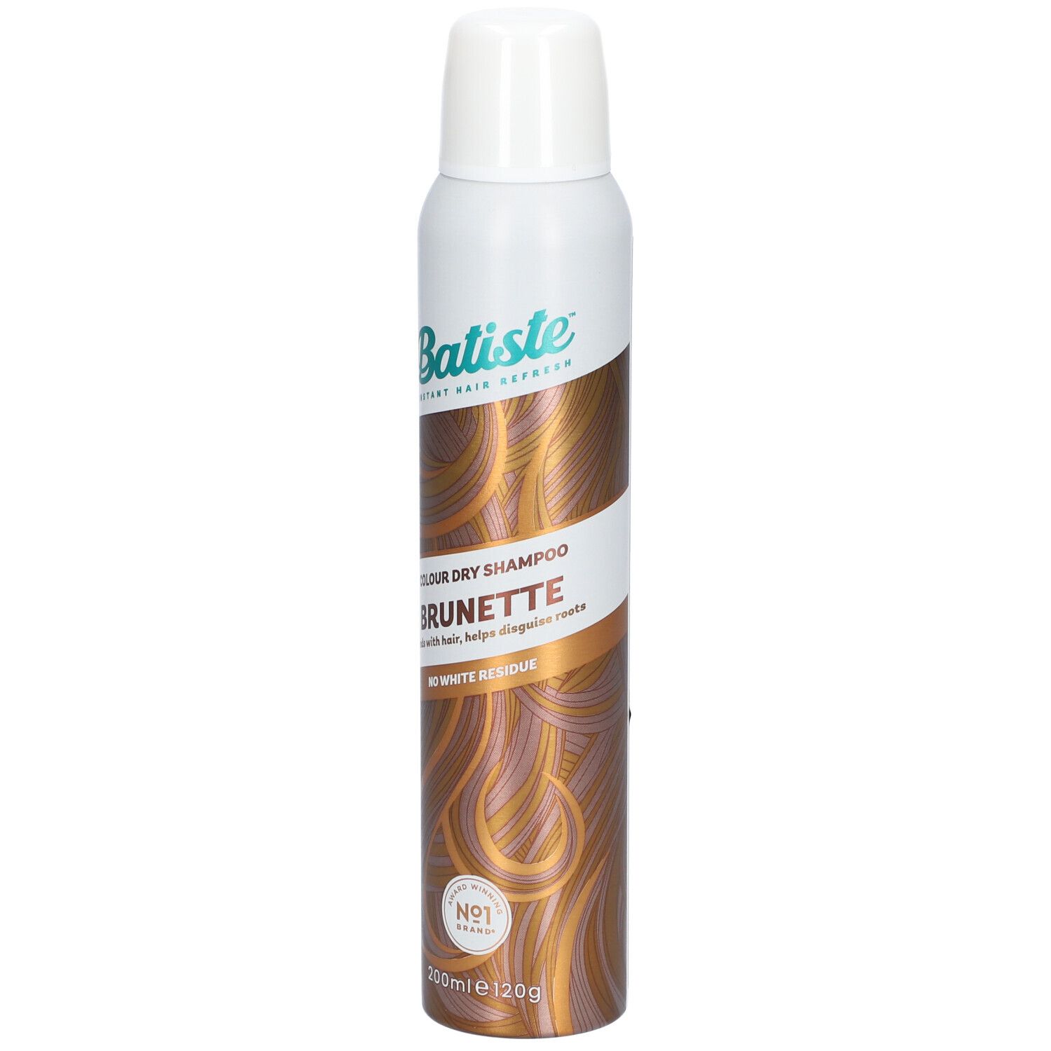 Trockenshampoo-Spraydose, weiß-braun. Aufschrift: Batiste, Colour Dry Shampoo Brunette. Mit Haaren.