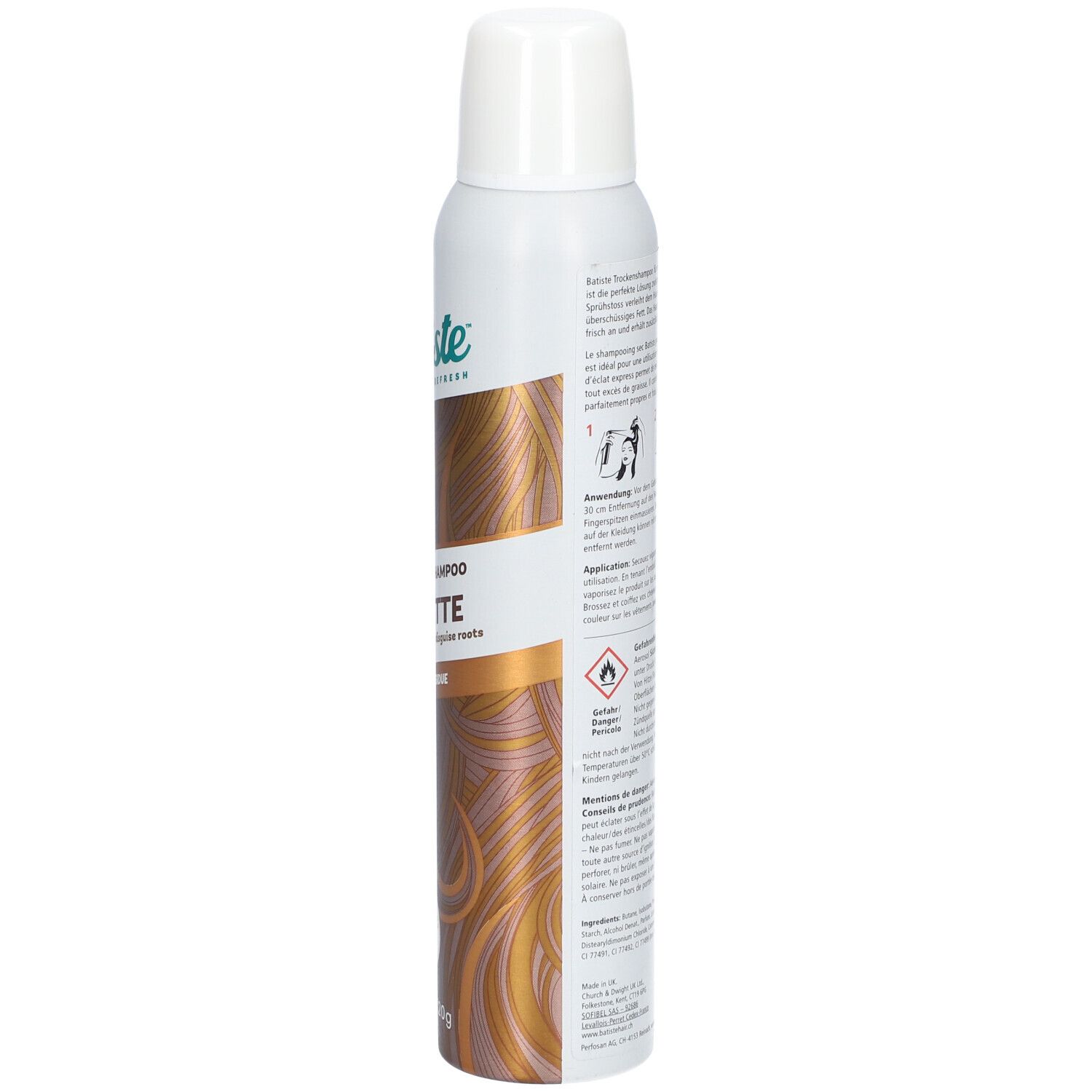 Trockenshampoo-Spraydose, weiß-braun. Aufschrift: Batiste, Colour Dry Shampoo Brunette. Text und Symbole.