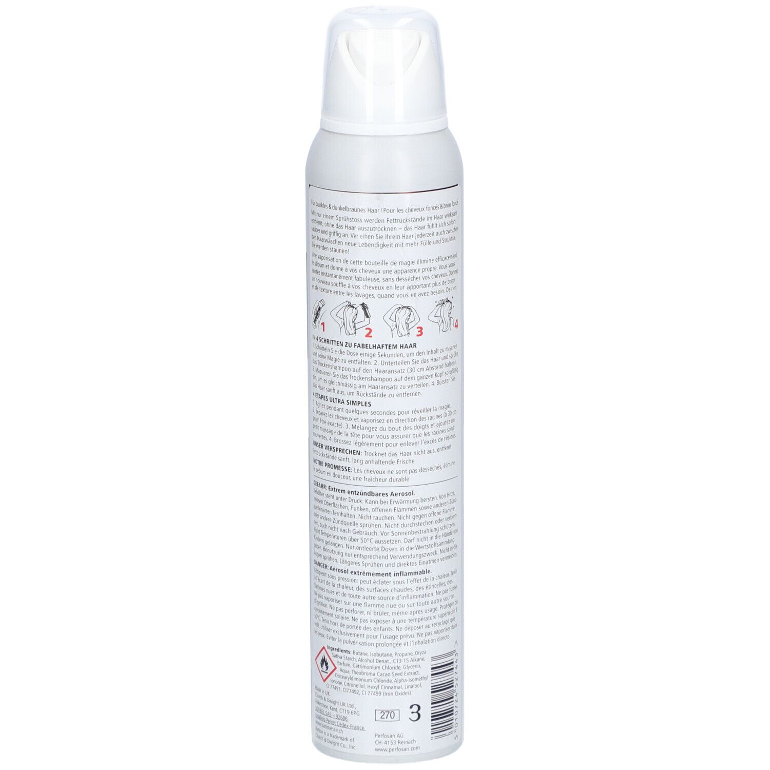 Dos du flacon de shampooing sec Batiste pour cheveux foncés. Texte et pictogrammes avec instructions d'utilisation.
