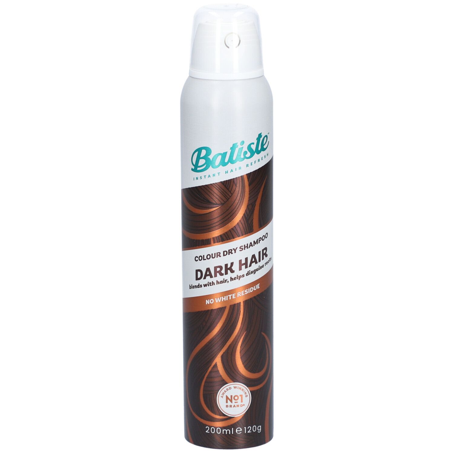Flacon de shampooing sec Batiste pour cheveux foncés. Inscription : Colour Dry Shampoo Dark Hair. 200ml, 120g. N°1.