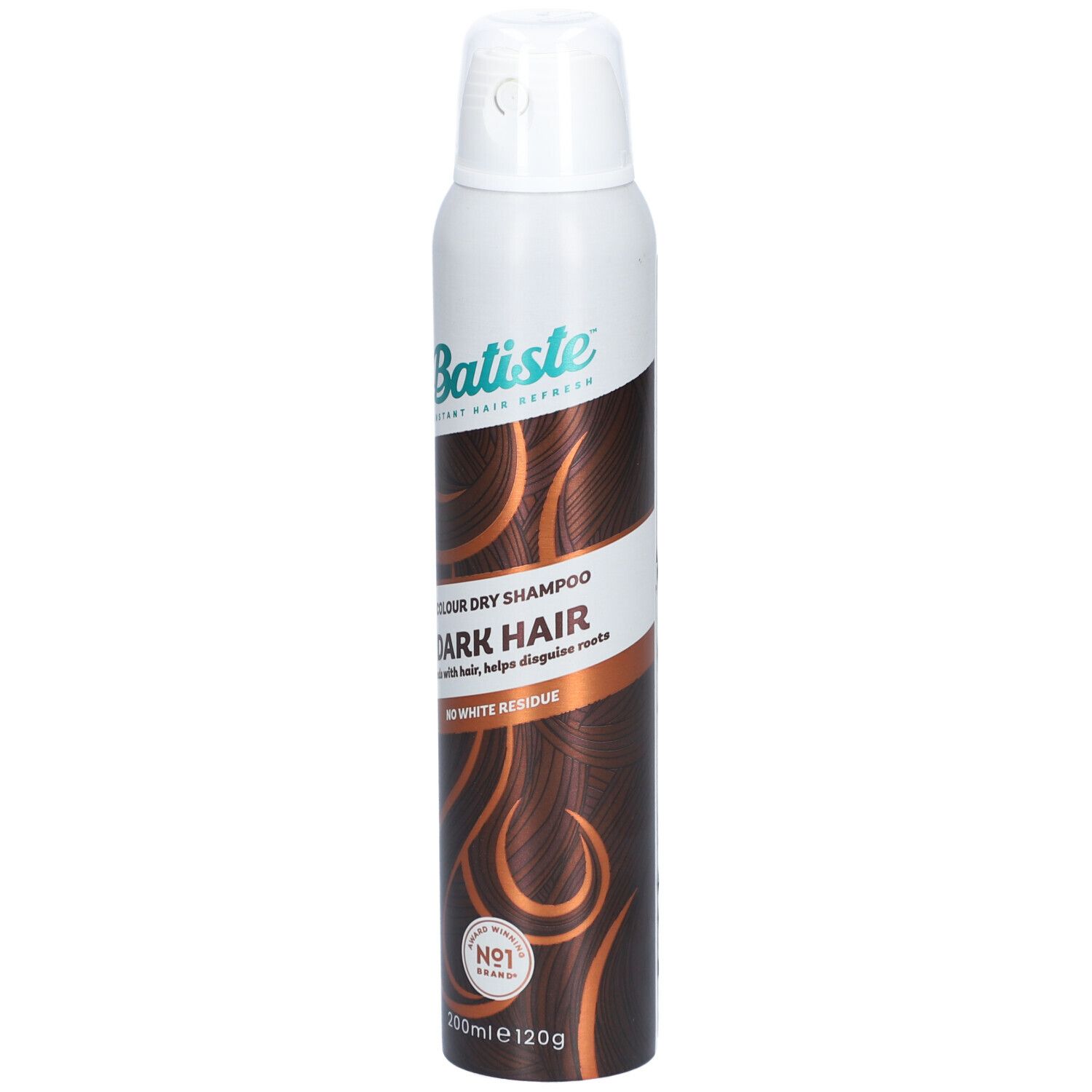 Flacon de shampooing sec Batiste pour cheveux foncés. Inscription : Colour Dry Shampoo Dark Hair. 200ml, 120g. N°1.