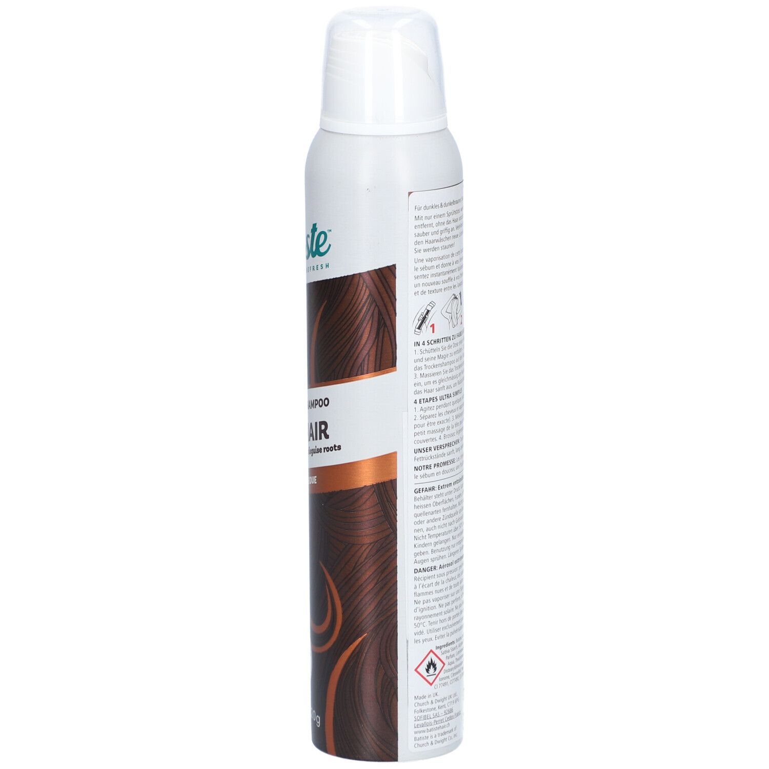 Vue latérale du flacon de shampooing sec Batiste pour cheveux foncés. Texte et illustrations sur le flacon.