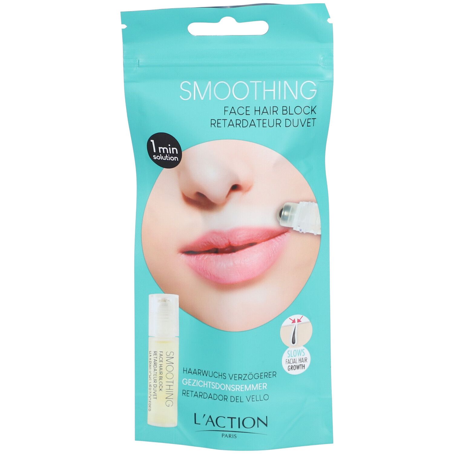 Verpackung mit Serum. Aufdruck: "Smoothing Face Hair Block". Produktabbildung und Applikator.